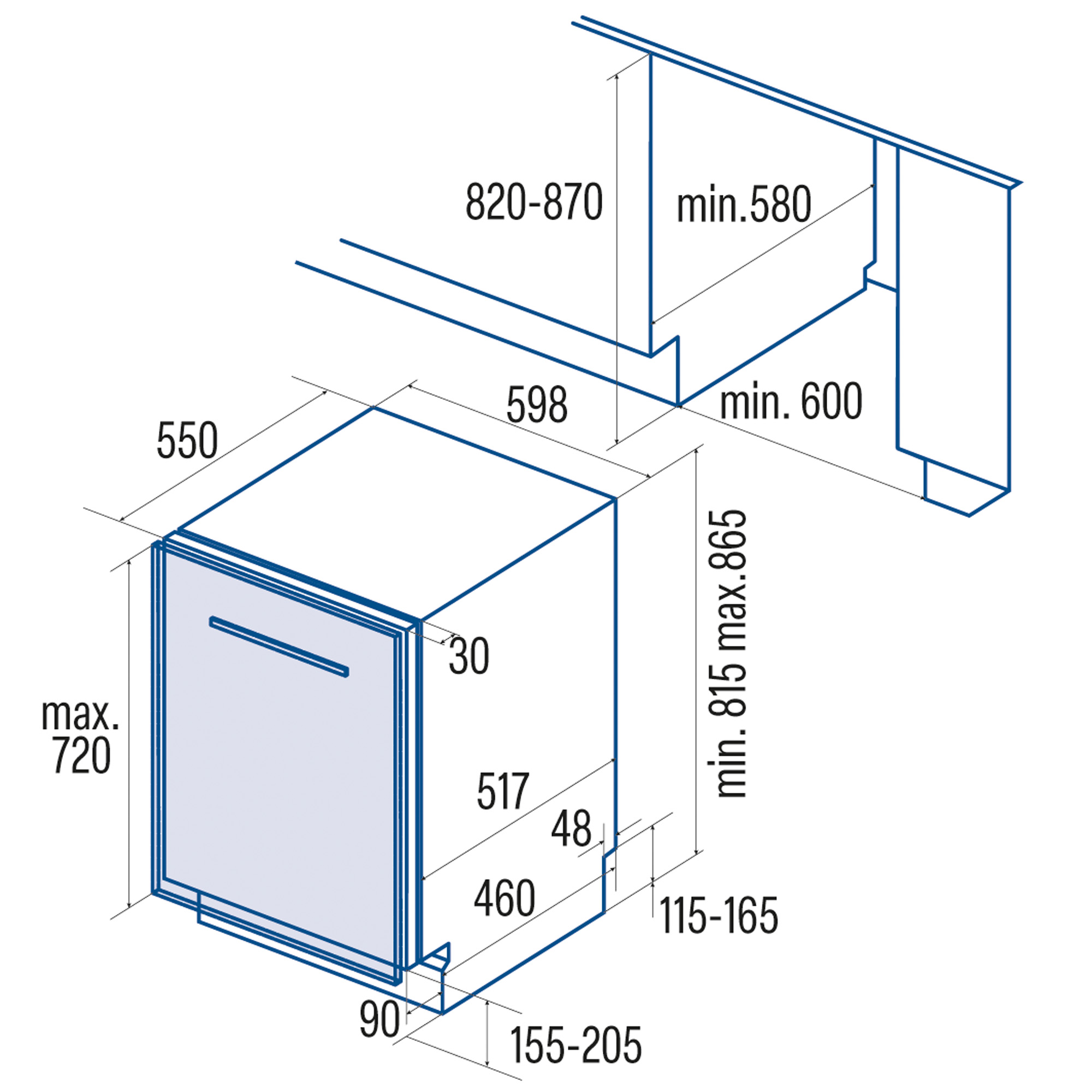 Dibujo técnico con dimensiones para un lavavajillas y espacio de instalación.