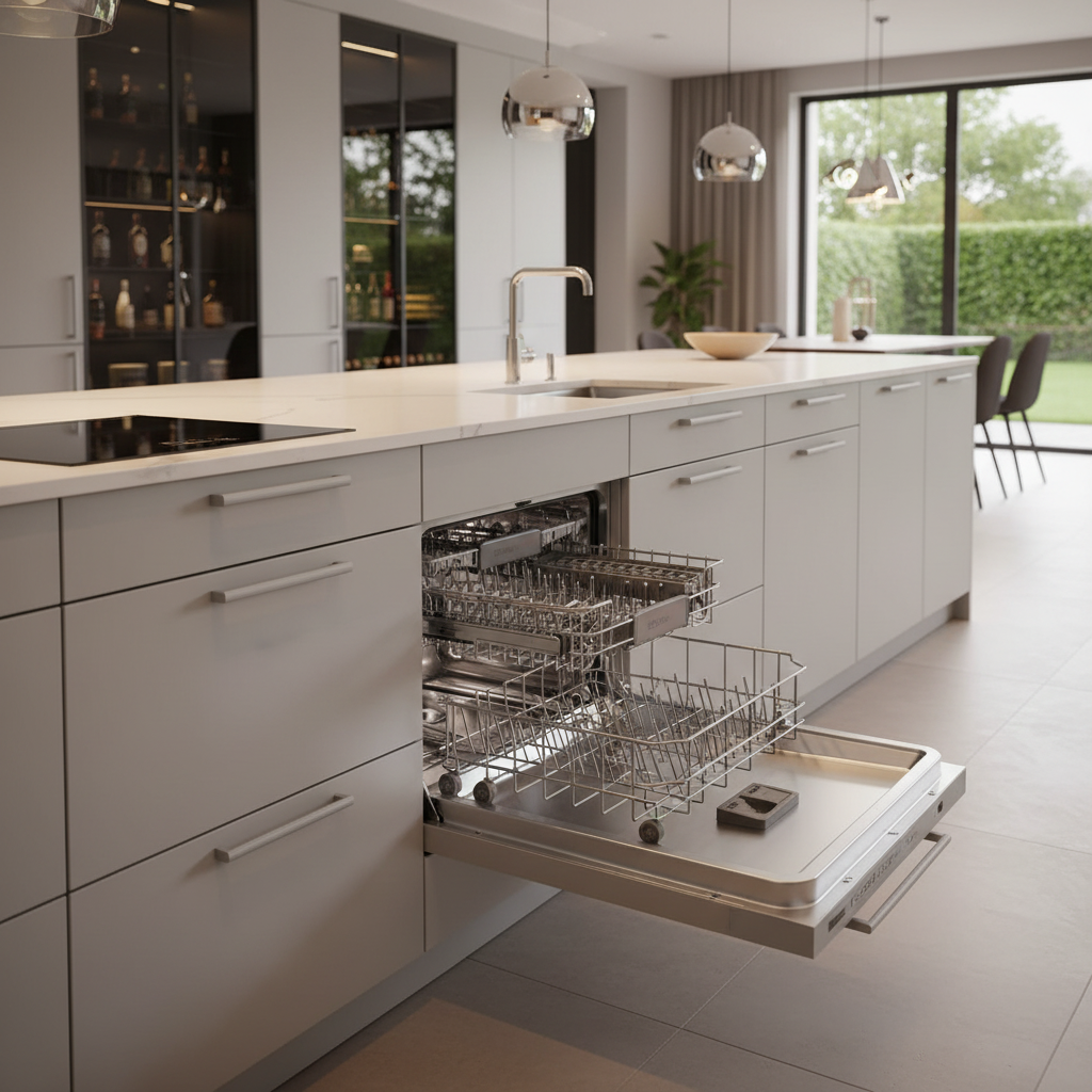 Moderna cocina con una isla blanca y un lavavajillas abierto en primer plano.