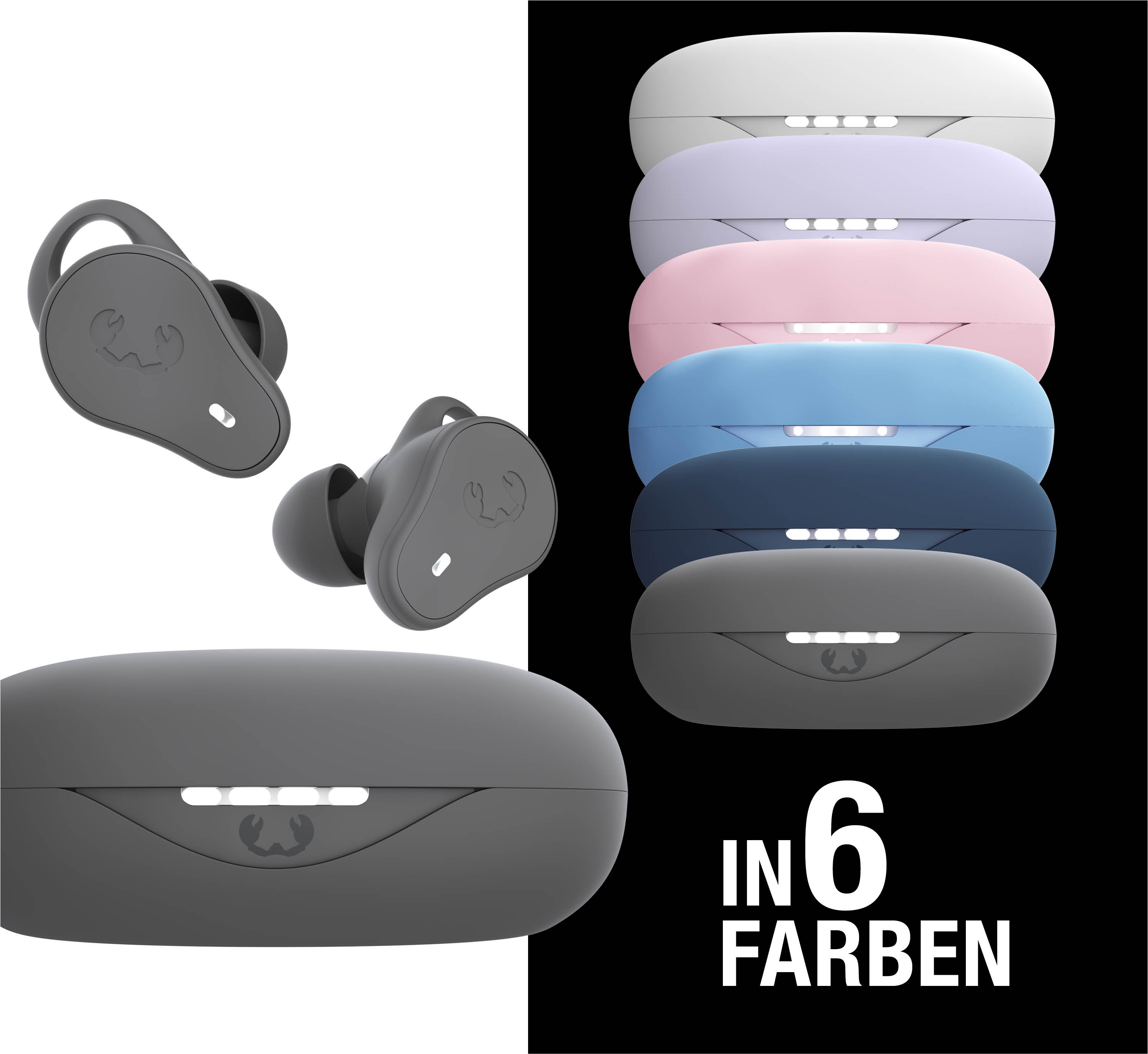 Auriculares intrauditivos grises con estuche de carga, disponibles en seis colores.