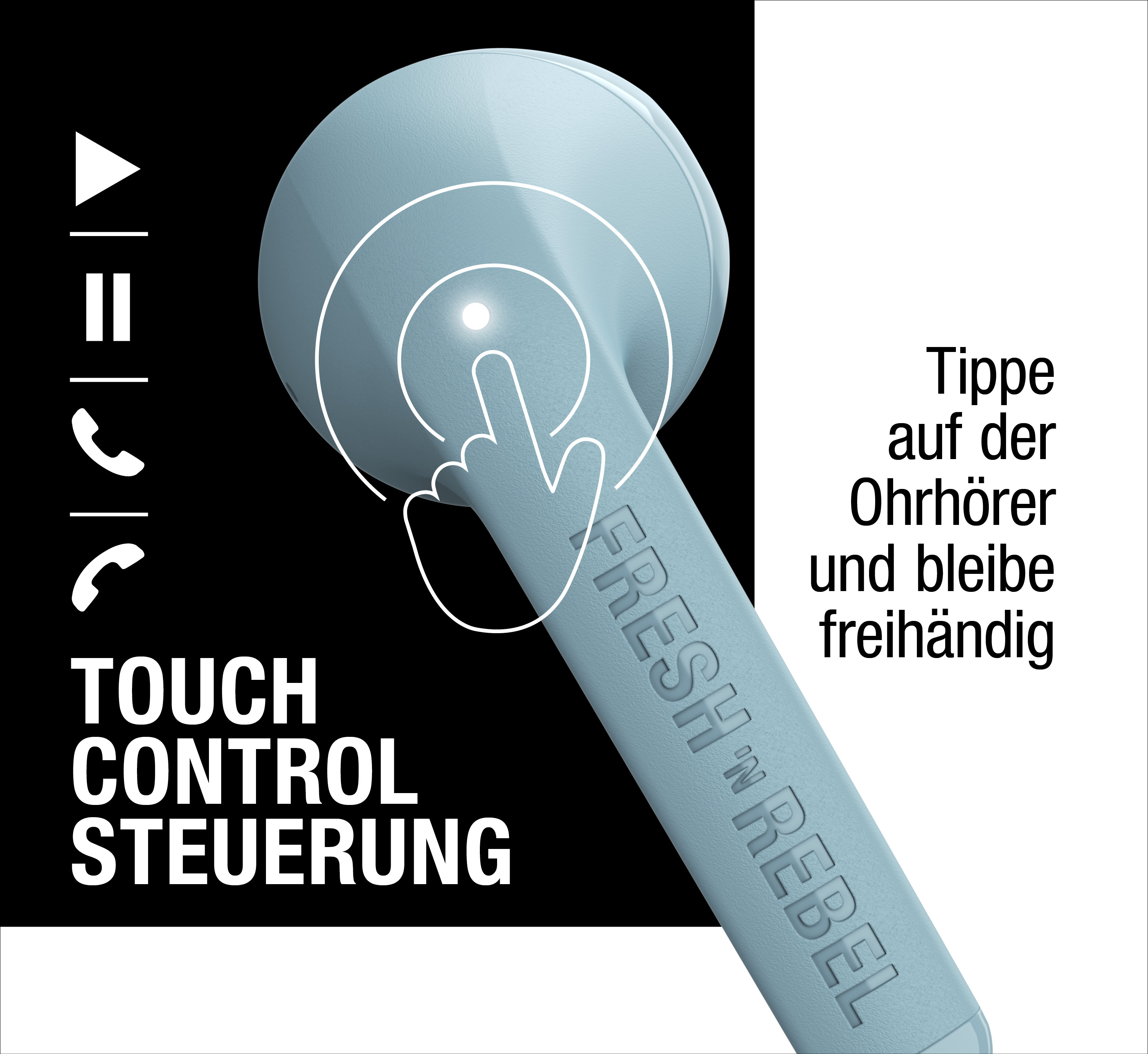 Ein blauer Ohrhörer mit Touch-Steuerung und Symbolen vor einem schwarz-weißen Hintergrund.