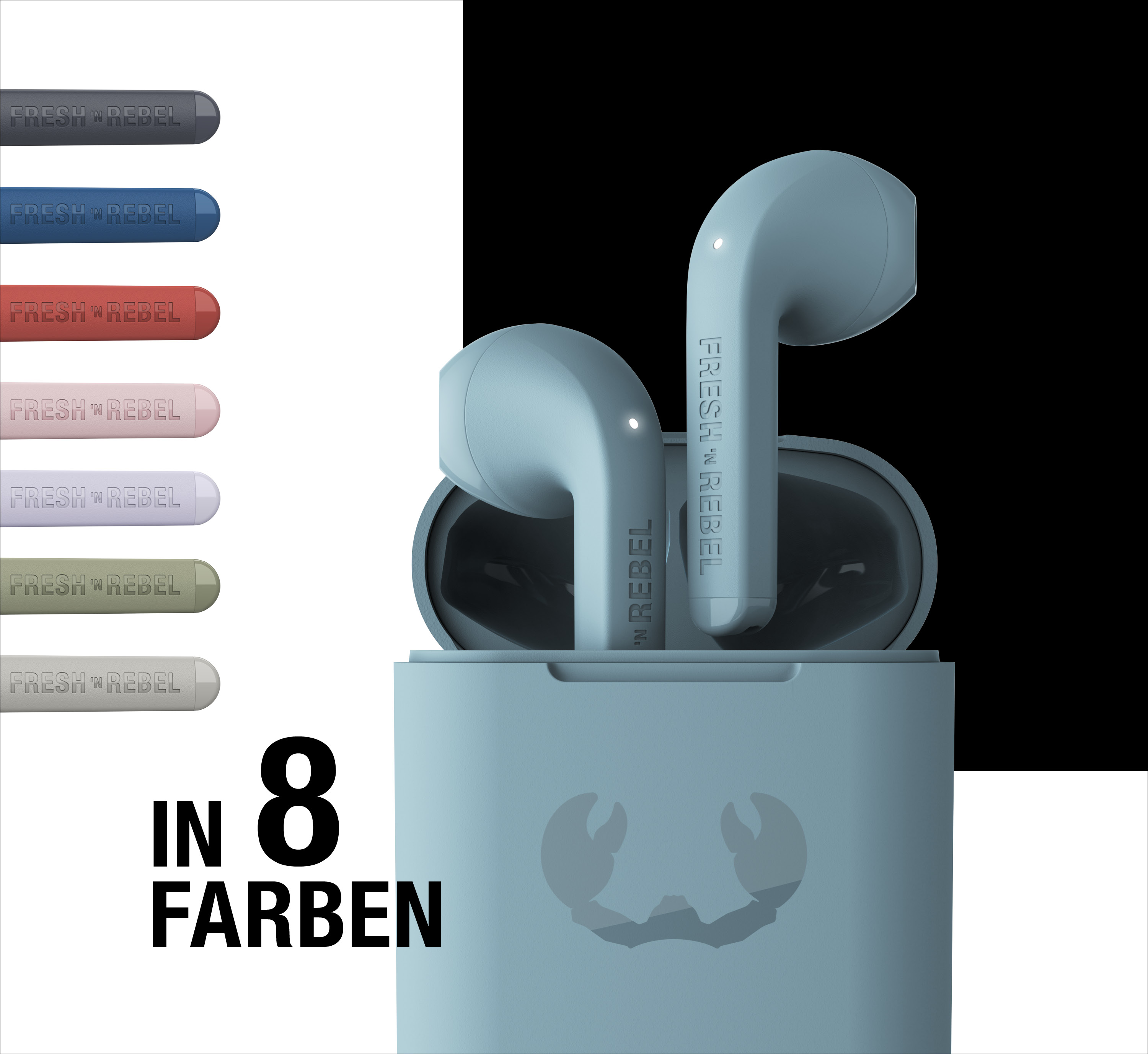Blaue Fresh 'n Rebel Ohrhörer im Ladecase, mit Farboptionen links und dem Text "IN 8 FARBEN".