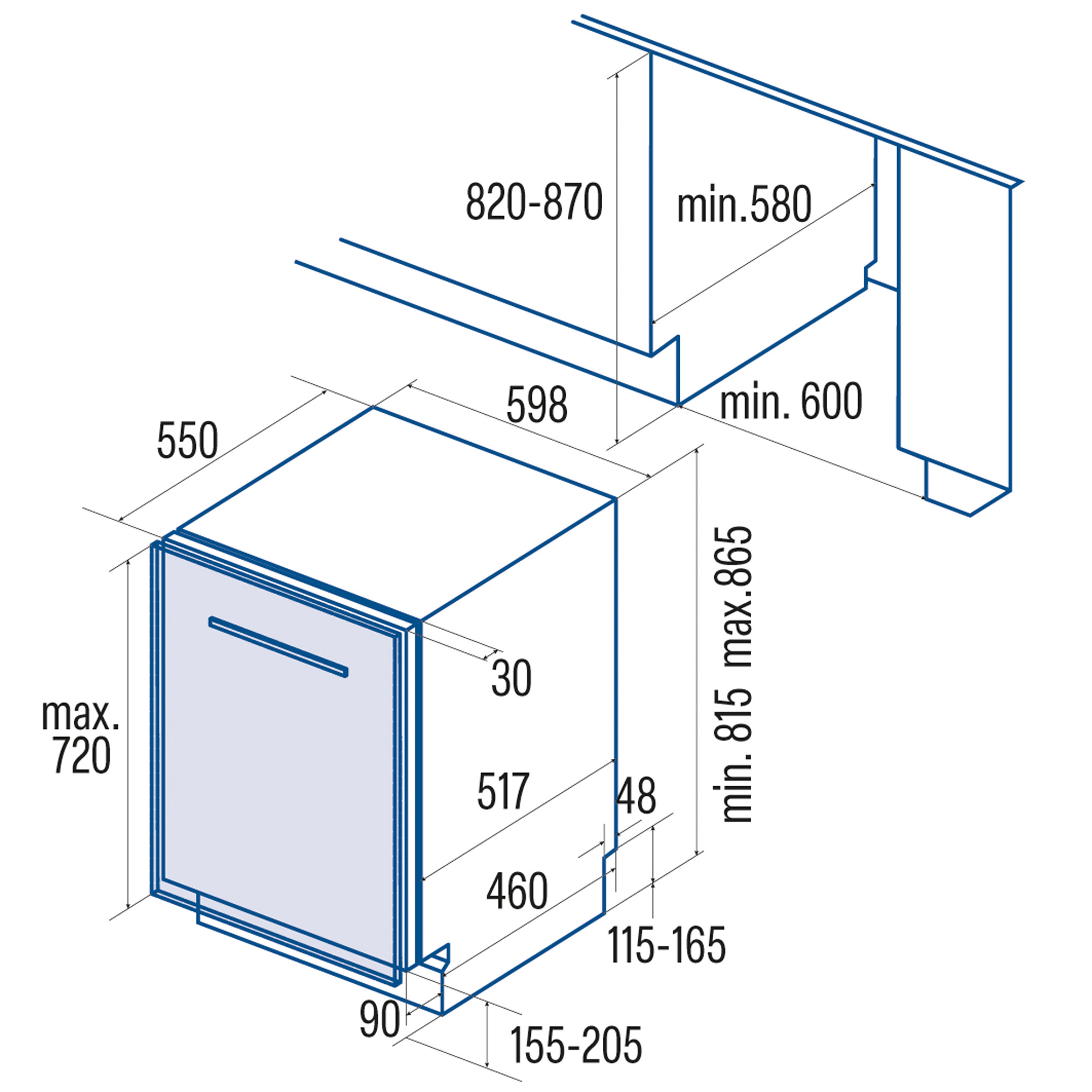 Plano técnico que muestra las medidas dimensionales para la instalación de un lavavajillas empotrado.