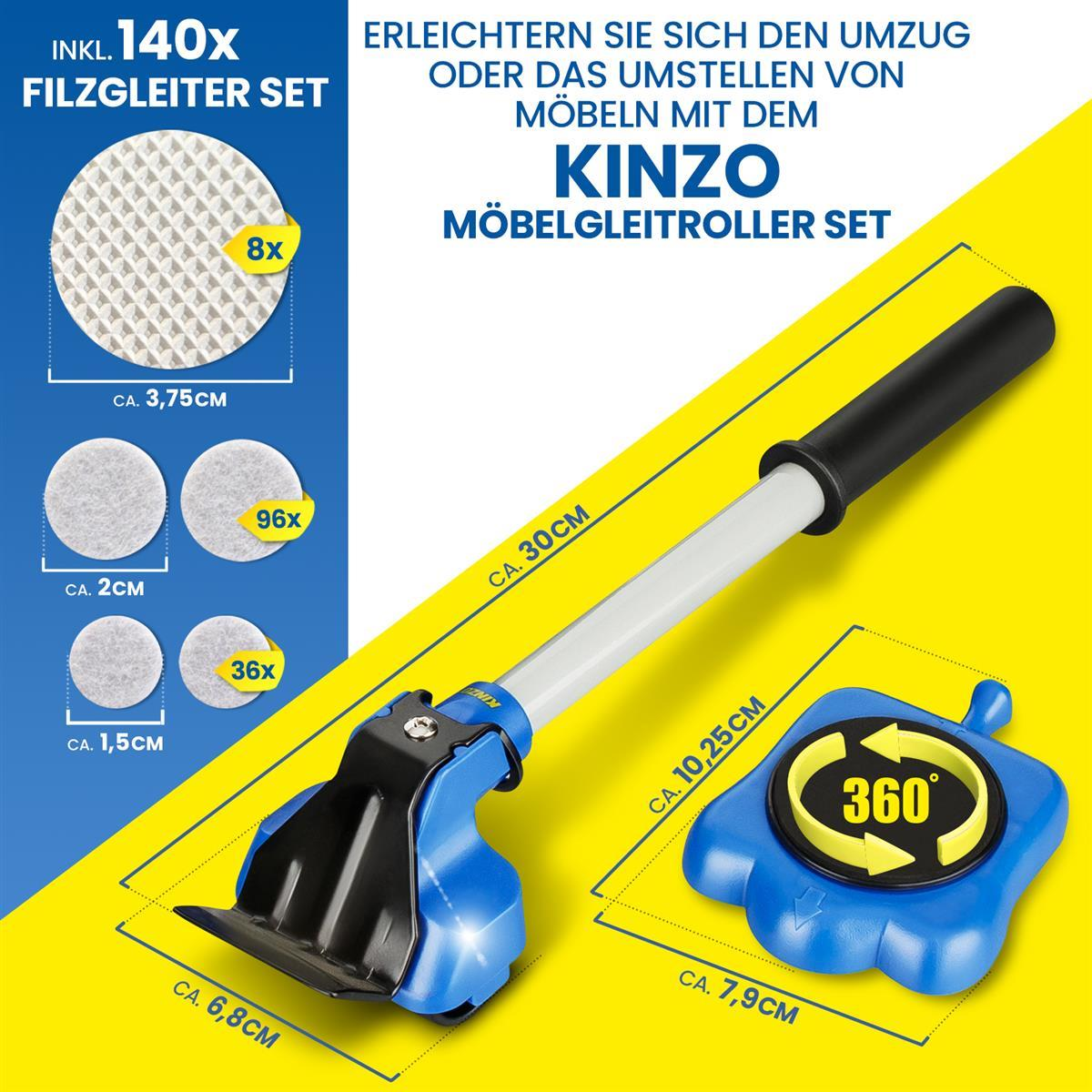 Kinzo Möbelgleitroller-Set mit Lifter, Rollen und 140 Filzgleitern in verschiedenen Größen.