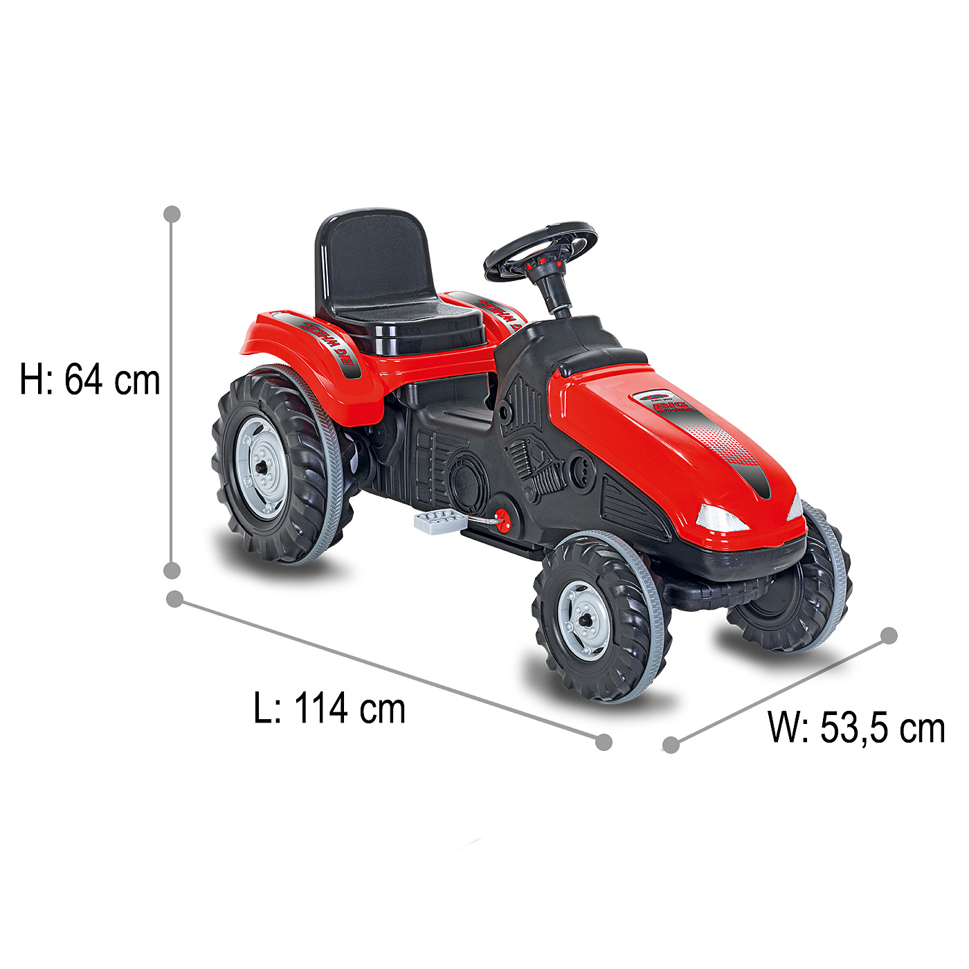 Un tractor de juguete rojo y negro con ruedas grandes y dimensiones Al: 64 cm, L: 114 cm, An: 53,5 cm.