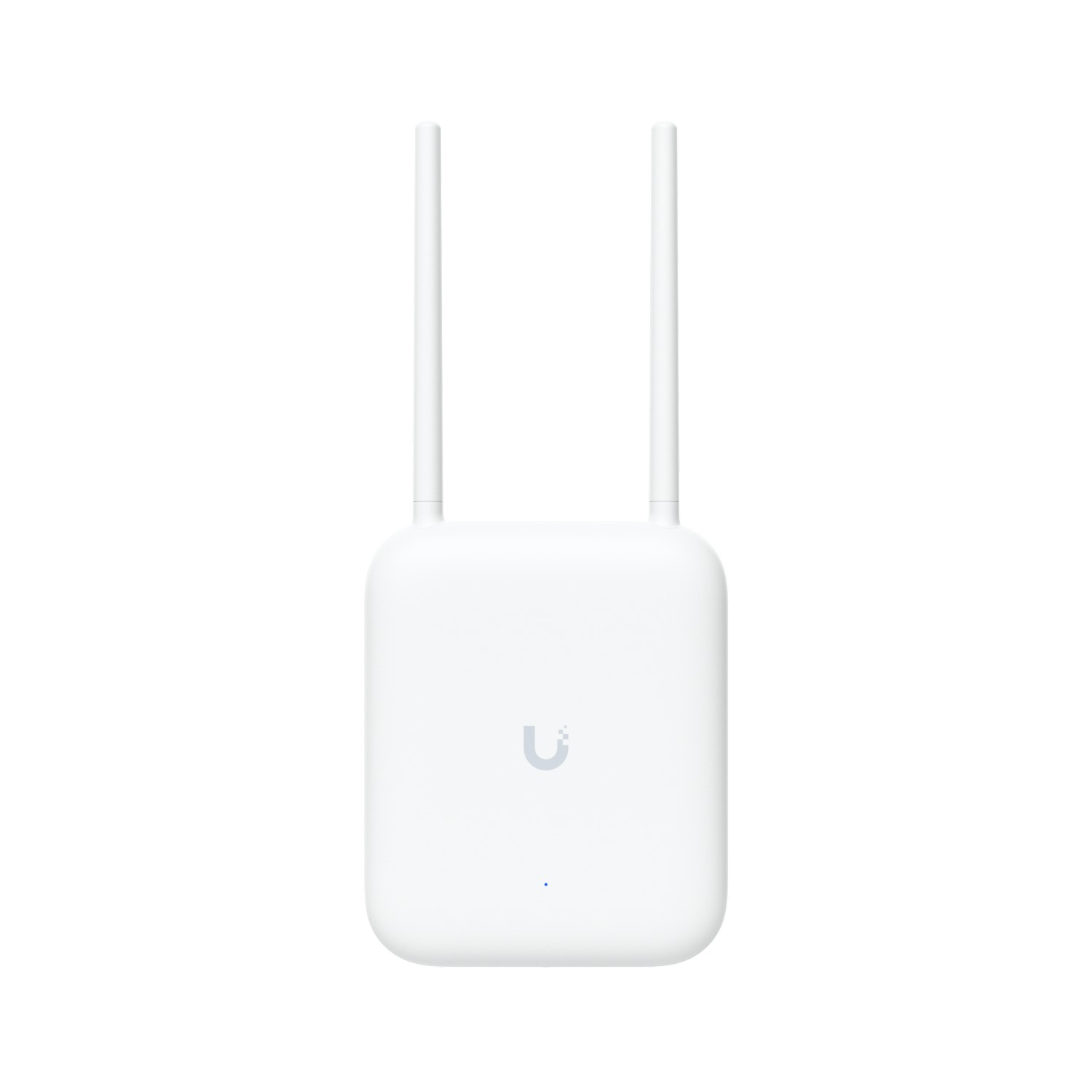 Biały router bezprzewodowy z dwiema pionowymi antenami i świecącym logo na gładkim tle.