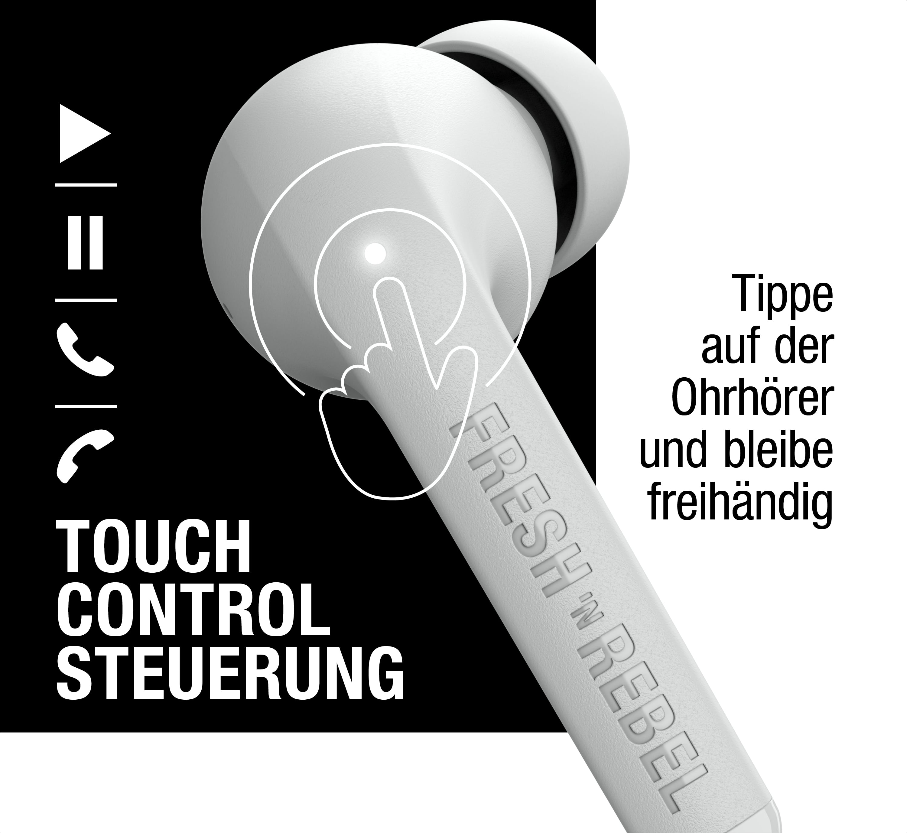 Auricolare bianco con controllo touch, icone di funzione e testo tedesco.