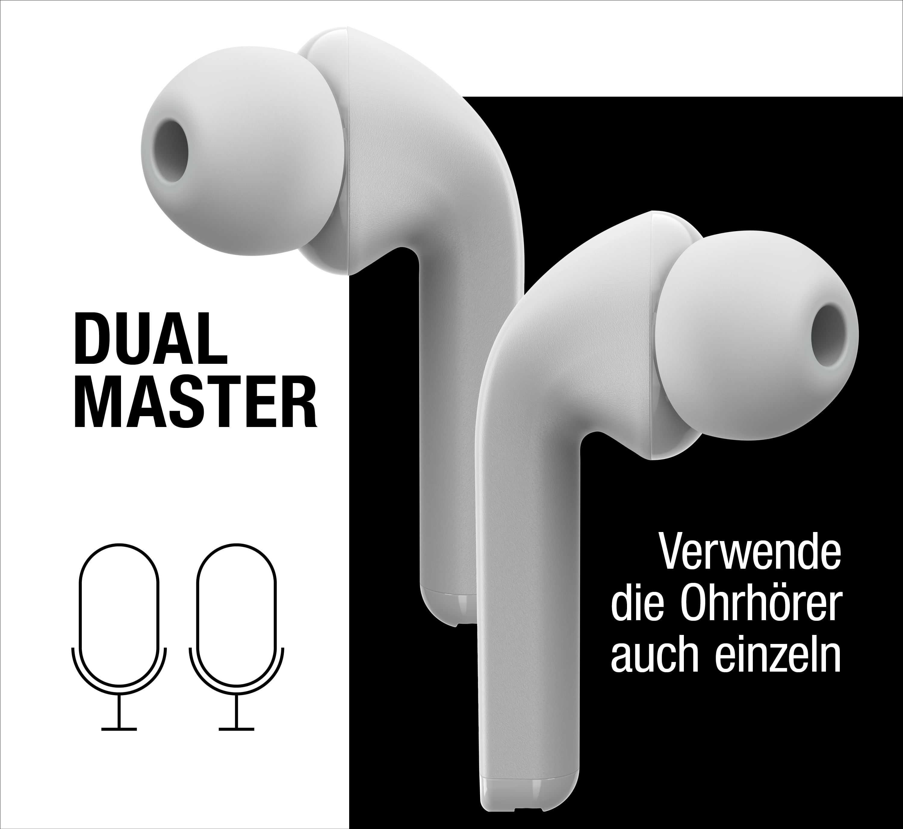 Due auricolari wireless bianchi su sfondo nero e bianco con testo in tedesco.