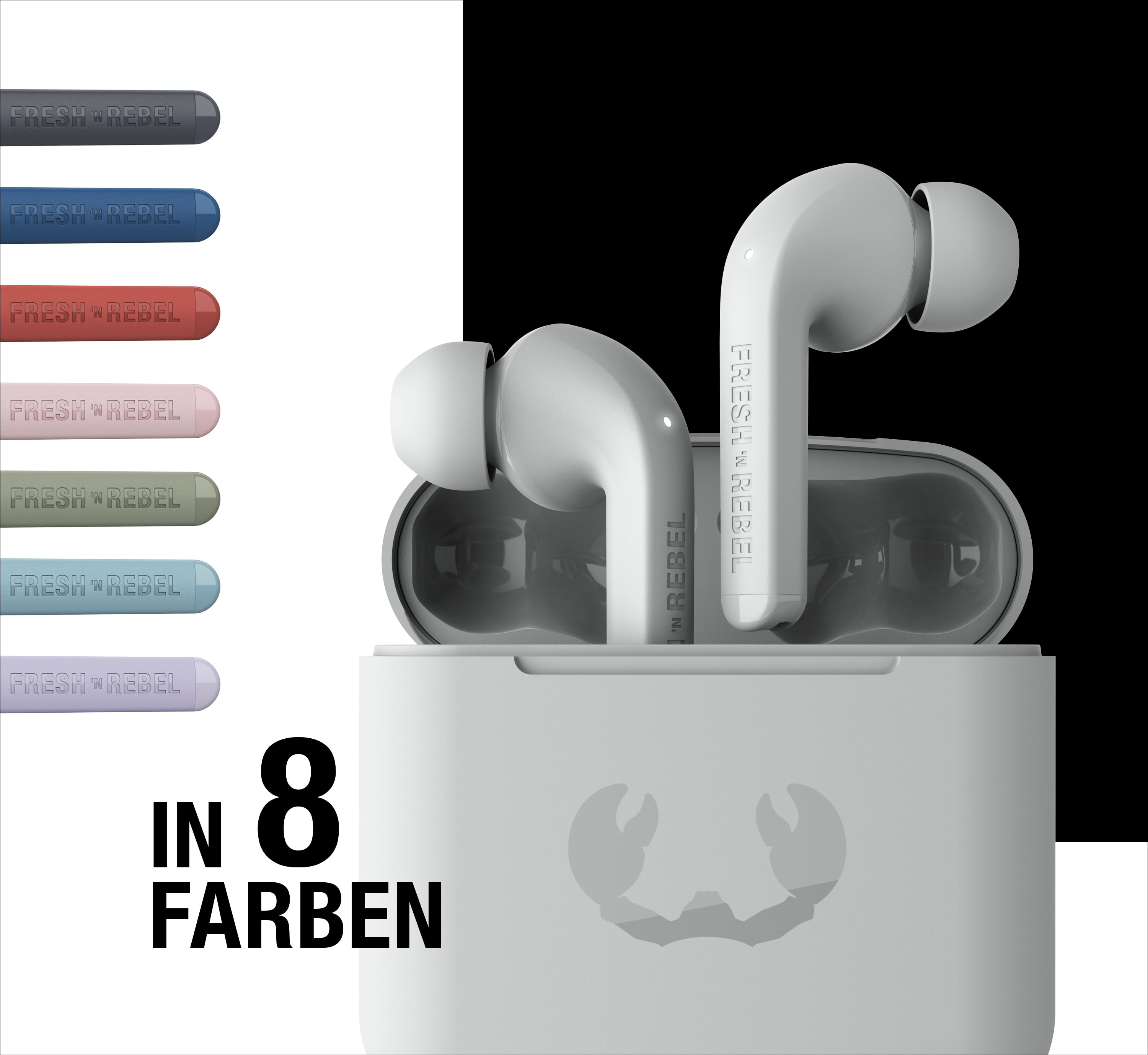 Auricolari bianchi in custodia con logo granchio, opzioni di colore a sinistra e testo.