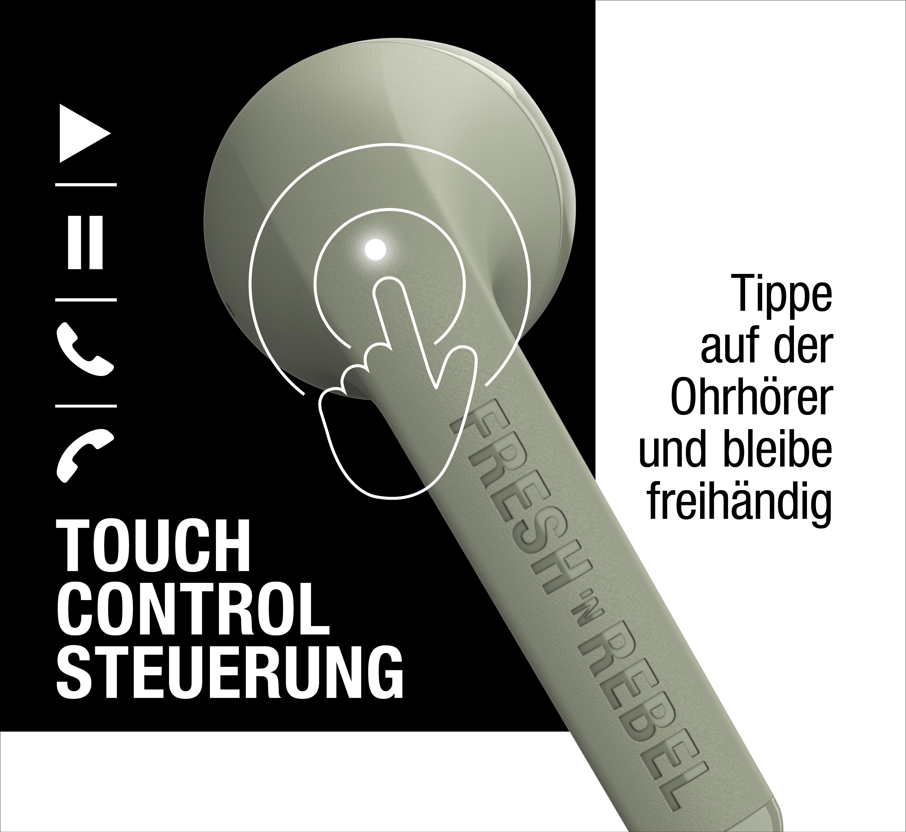 Grüner Kopfhörer mit Touch-Steuerung, Icons und deutschem Text.