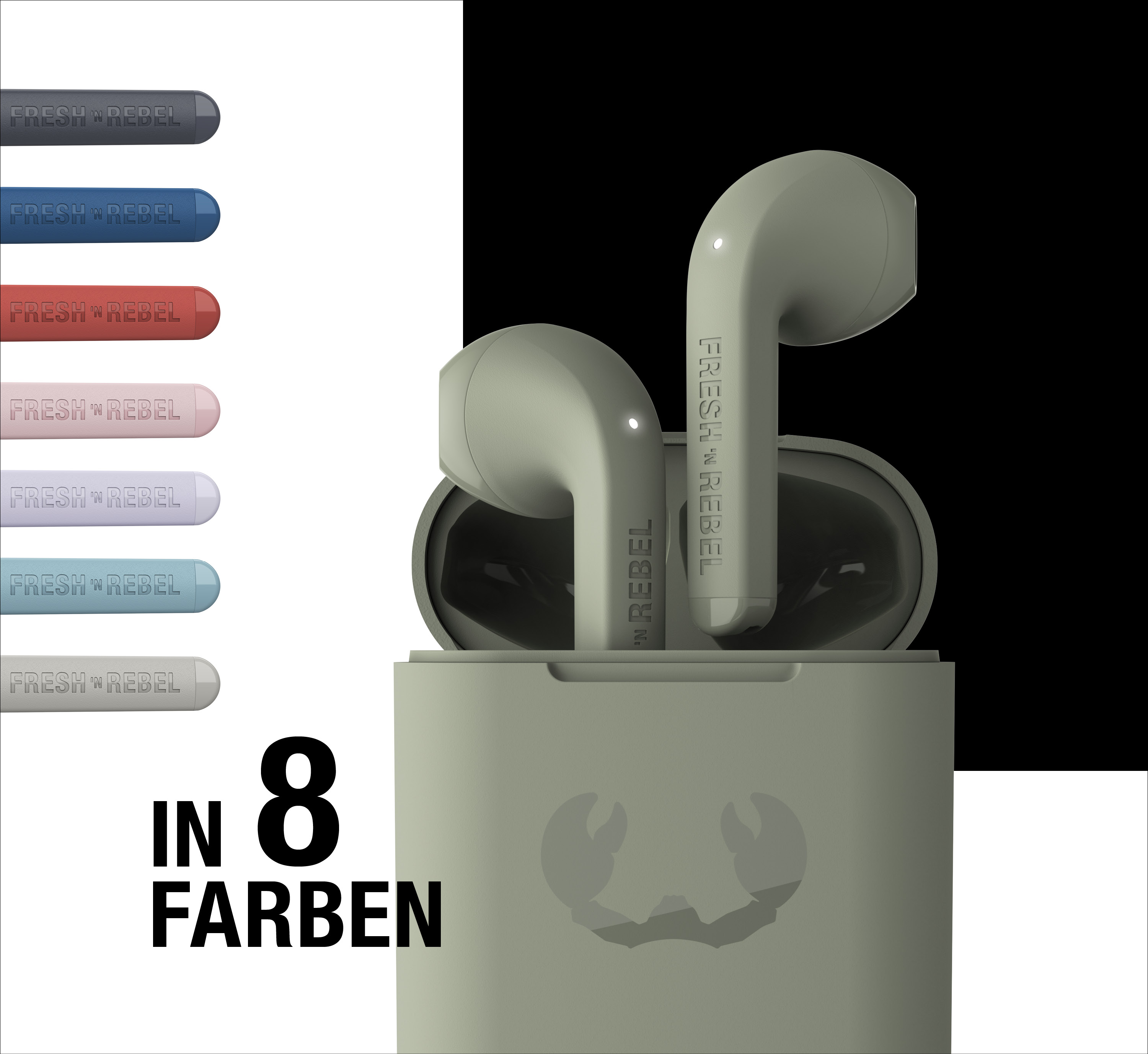 Grüne Fresh 'n Rebel Ohrhörer im Ladecase, mit Farboptionen links und dem Text "IN 8 FARBEN".
