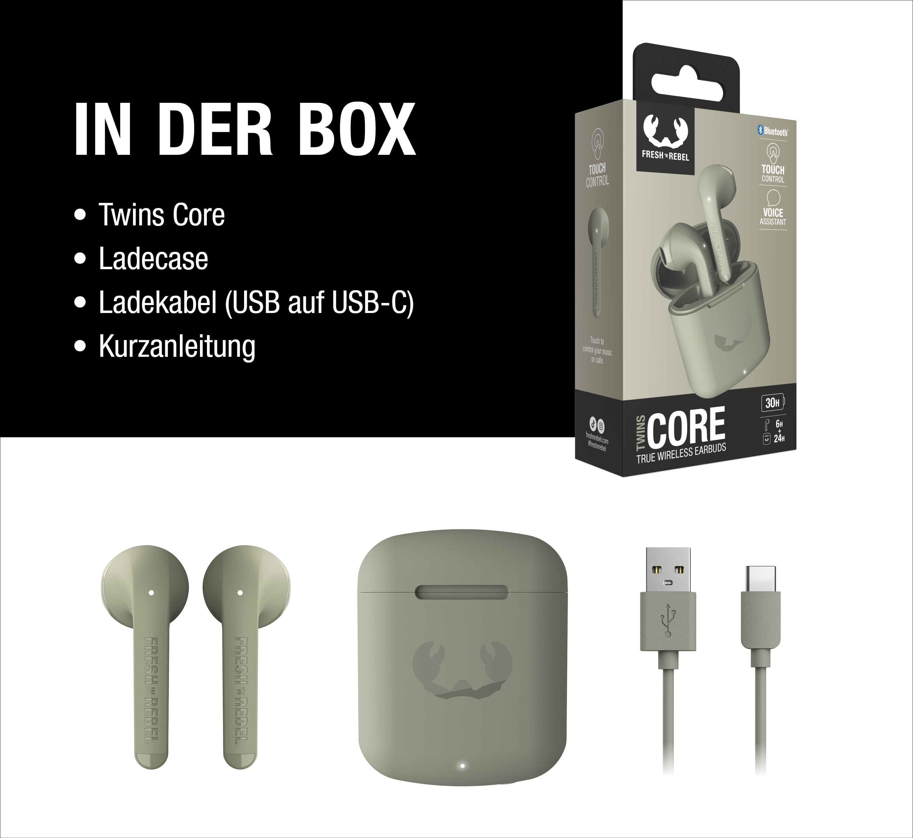 Packungsinhalt der Fresh 'n Rebel Twins Core Ohrhörer: Ohrhörer, Ladecase, USB-Kabel und Kurzanleitung.