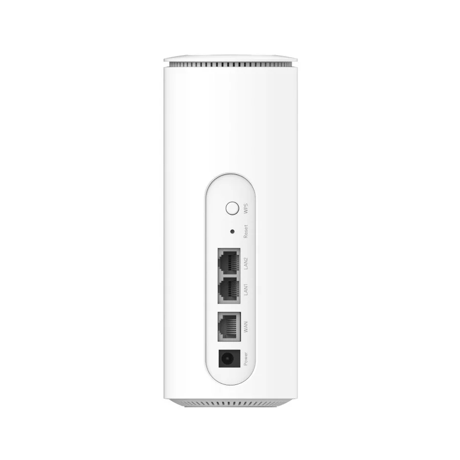 Weißer zylindrischer Router mit Rückseite inklusive Stromanschluss, WAN, zwei LAN-Ports und Reset-Knopf.