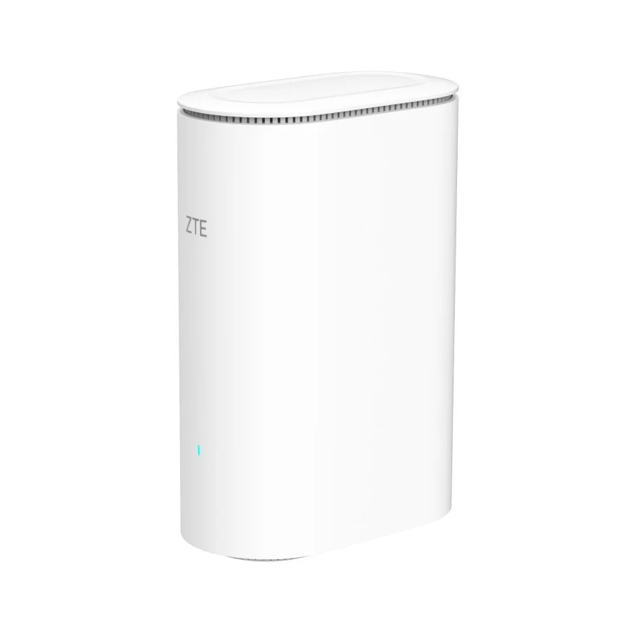 Ein weißer ZTE WLAN-Router mit ovalem Design und einer blauen LED-Anzeige auf weißem Hintergrund.