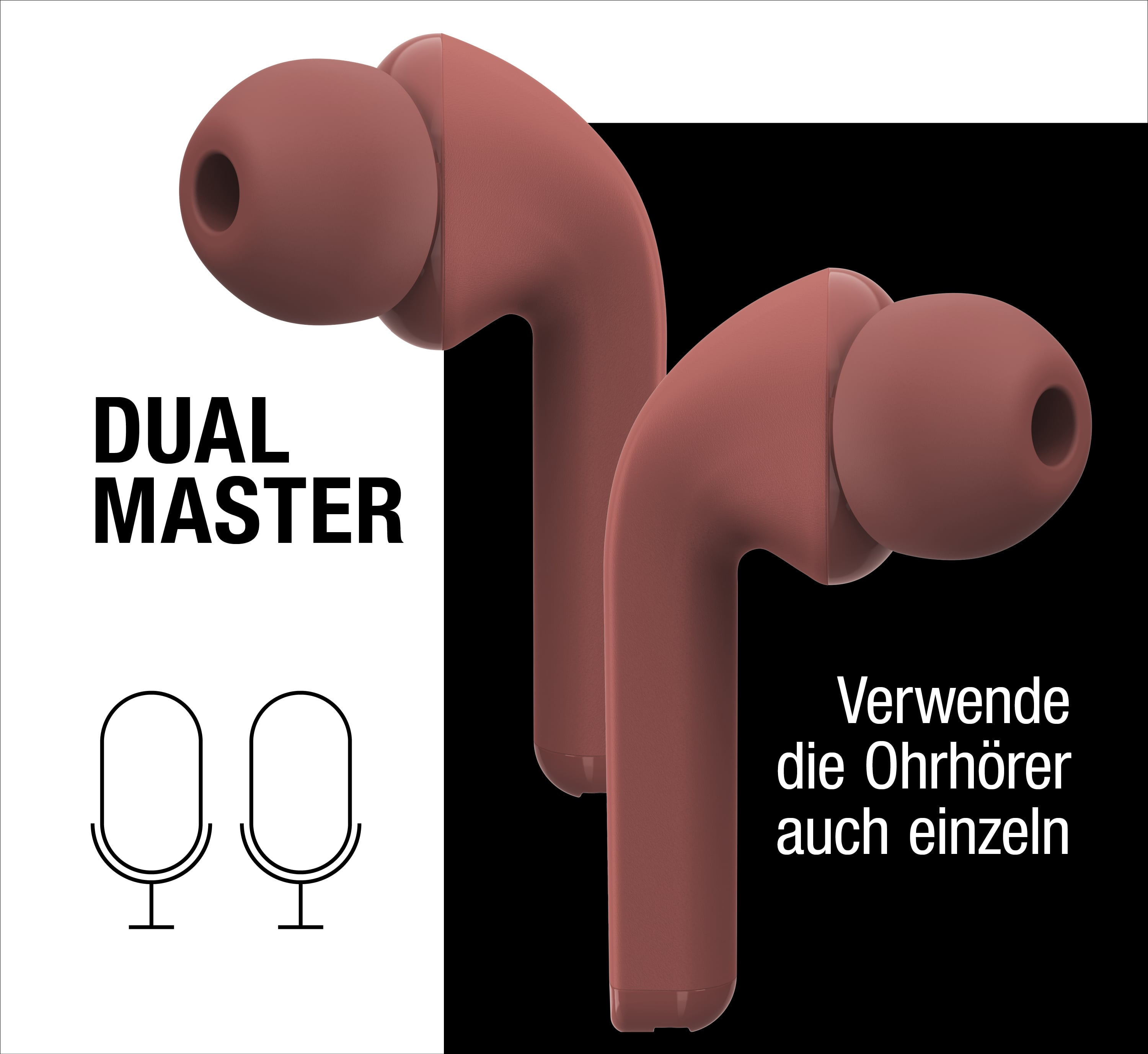 Due cuffie in-ear marroni su sfondo bianco e nero con testo e icone.