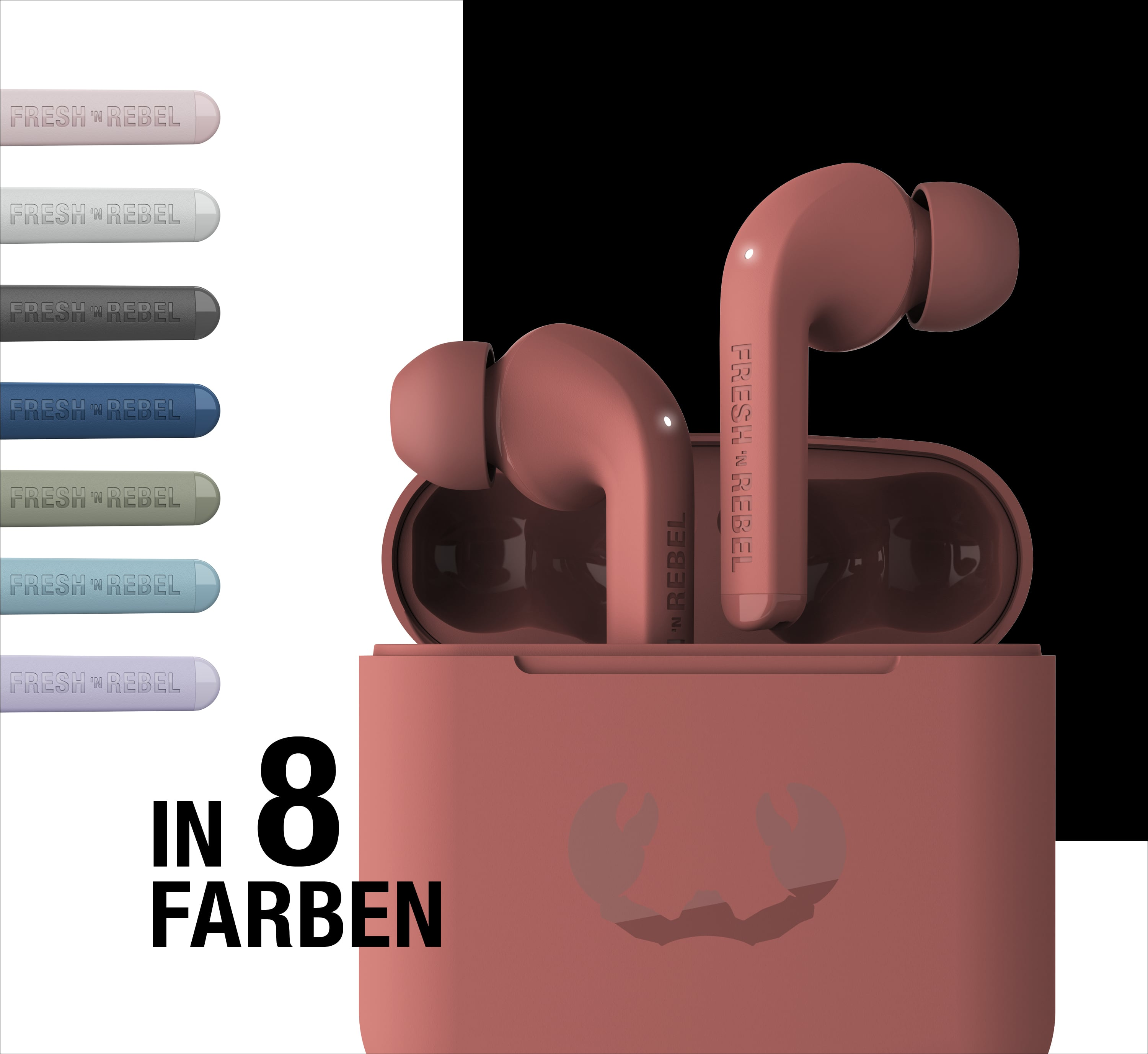 Auricolari in-ear rossi nella custodia e tavolozza di 8 colori a sinistra.