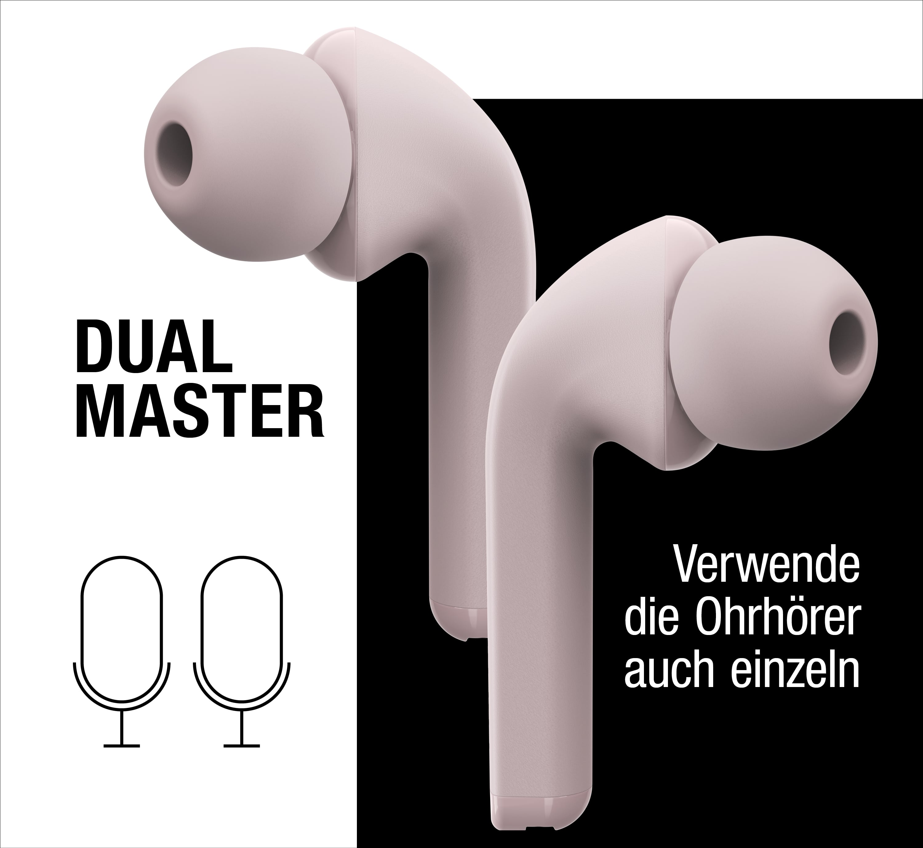 Due cuffie in-ear rosa chiaro su sfondo bianco e nero con testo e icone.