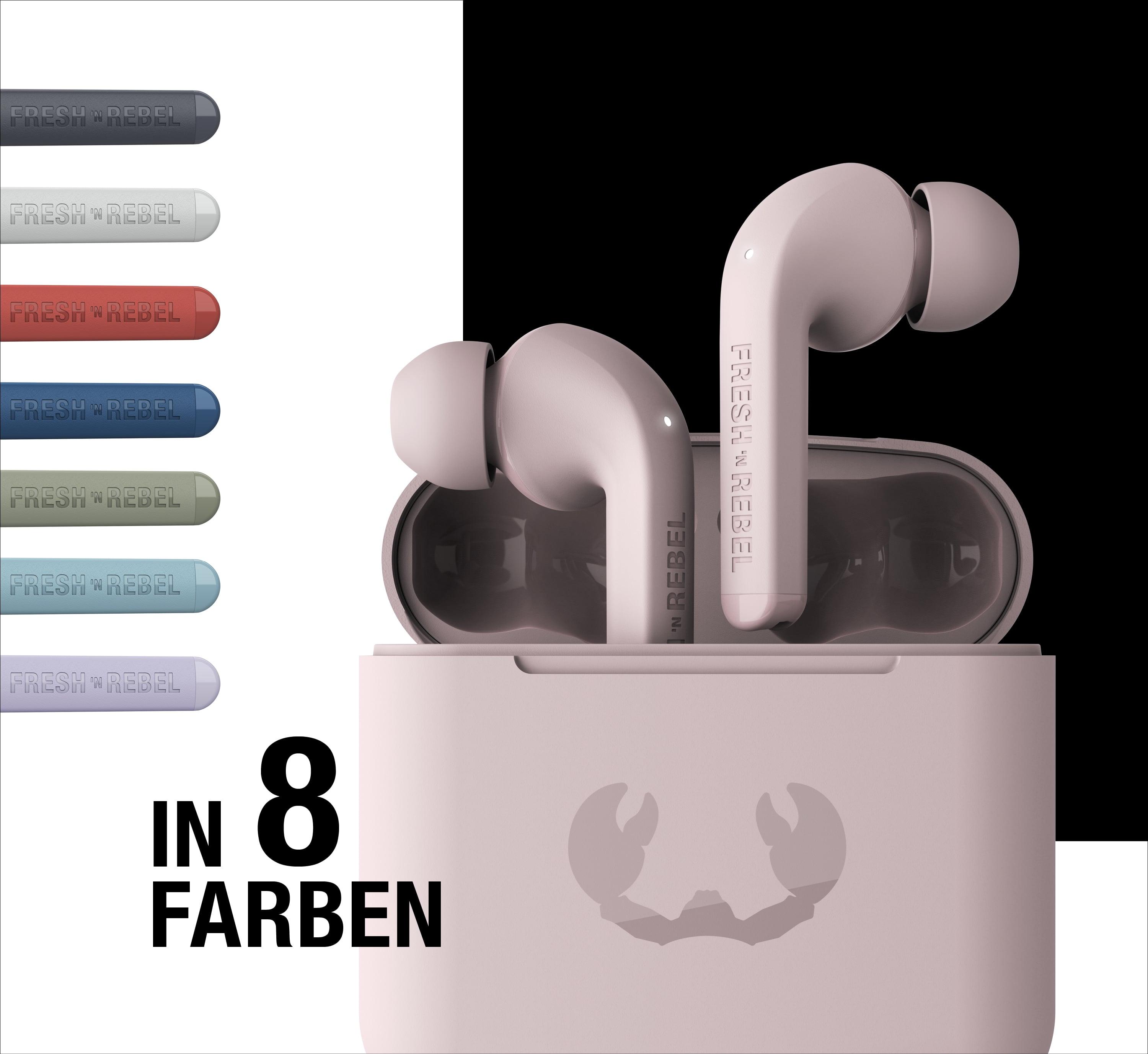 Auricolari wireless rosa nella custodia con una tavolozza di otto colori a sinistra.