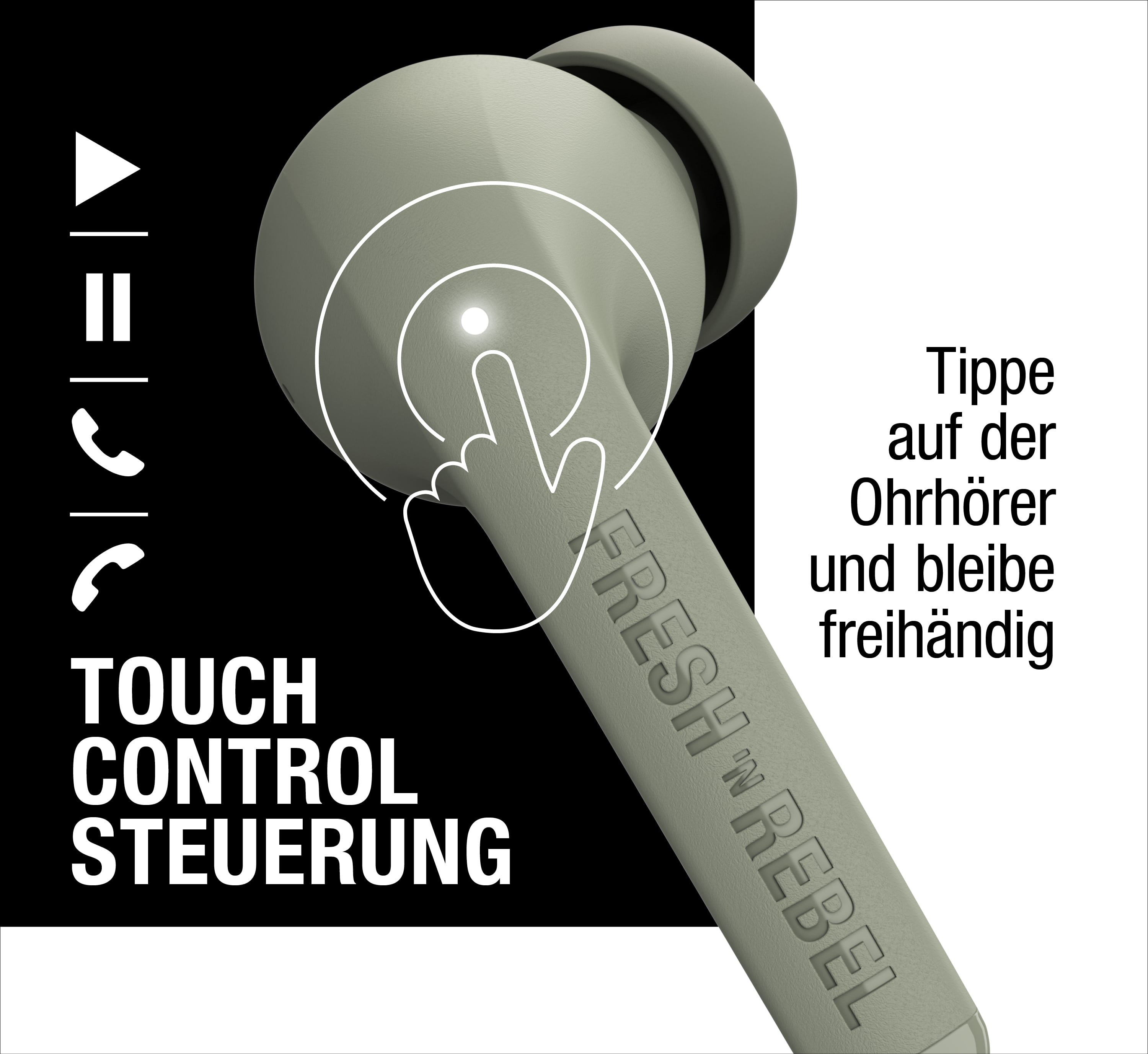 Grafica mostra un auricolare verde chiaro con controllo touch, icone di riproduzione, pausa e chiamate, e testo in tedesco.