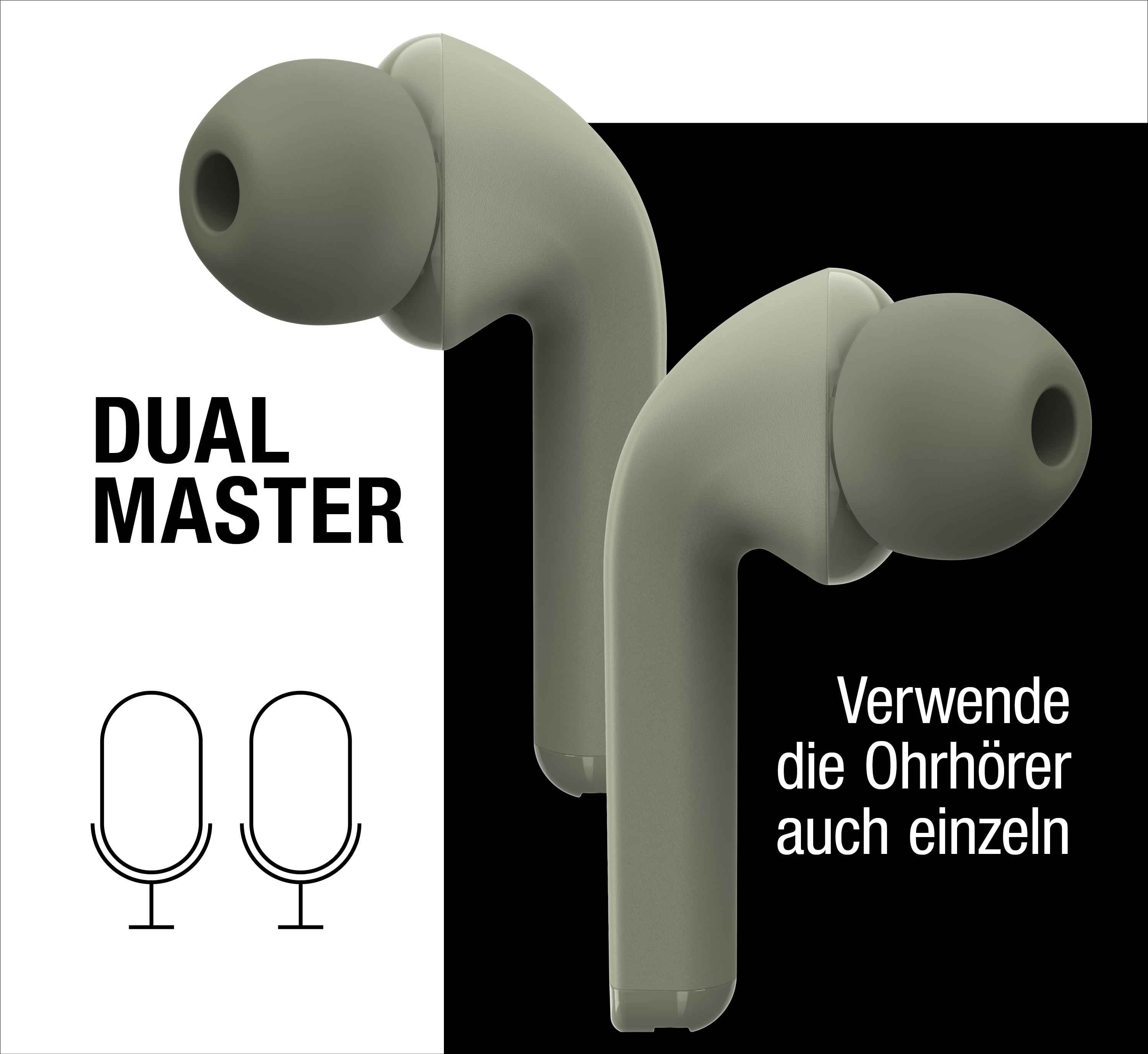 Due auricolari in-ear verde oliva su sfondo bianco e nero con testo e icone.