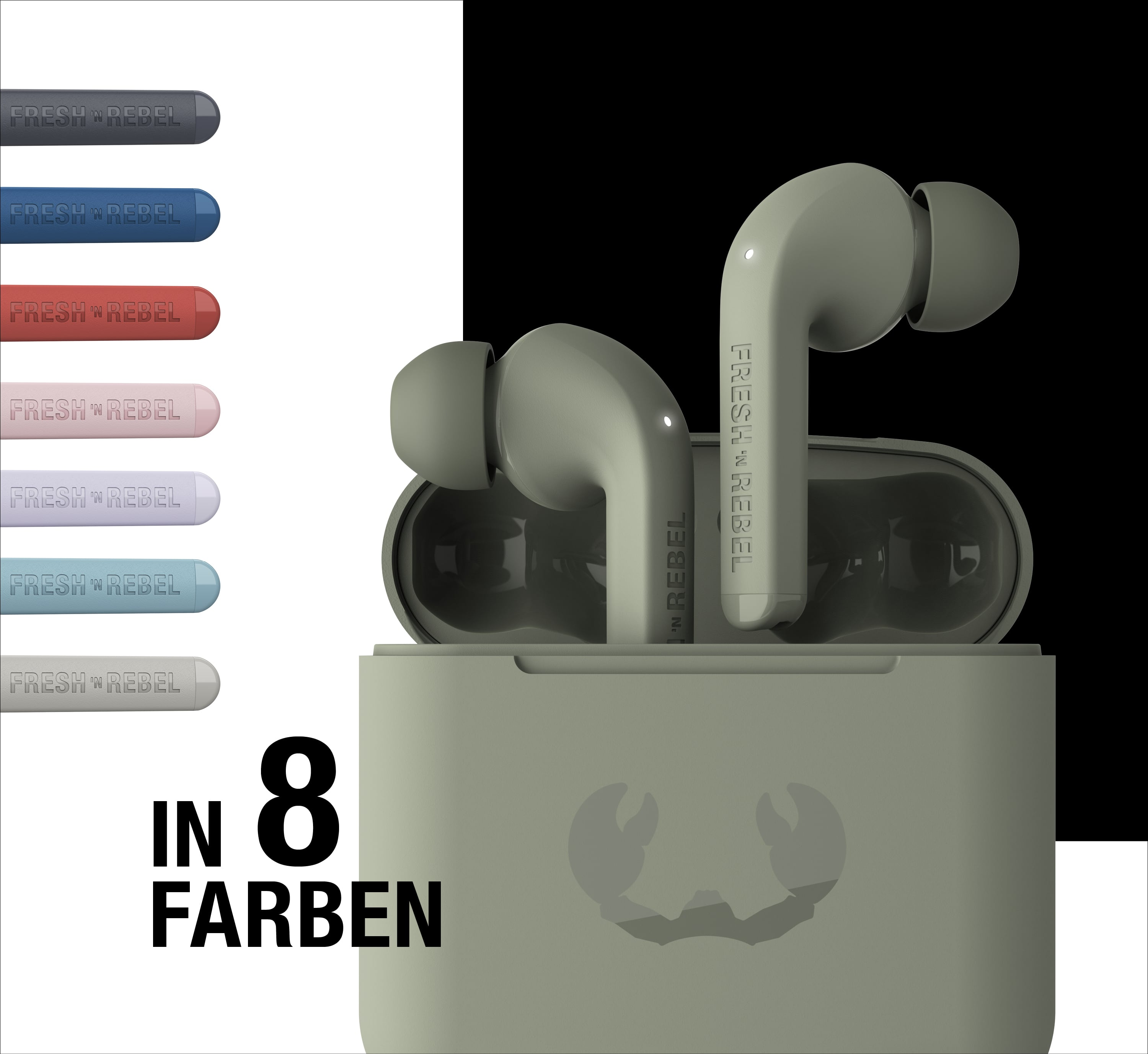 Auricolari in-ear Fresh 'n Rebel verdi nella custodia di ricarica, con opzioni di colore a sinistra.