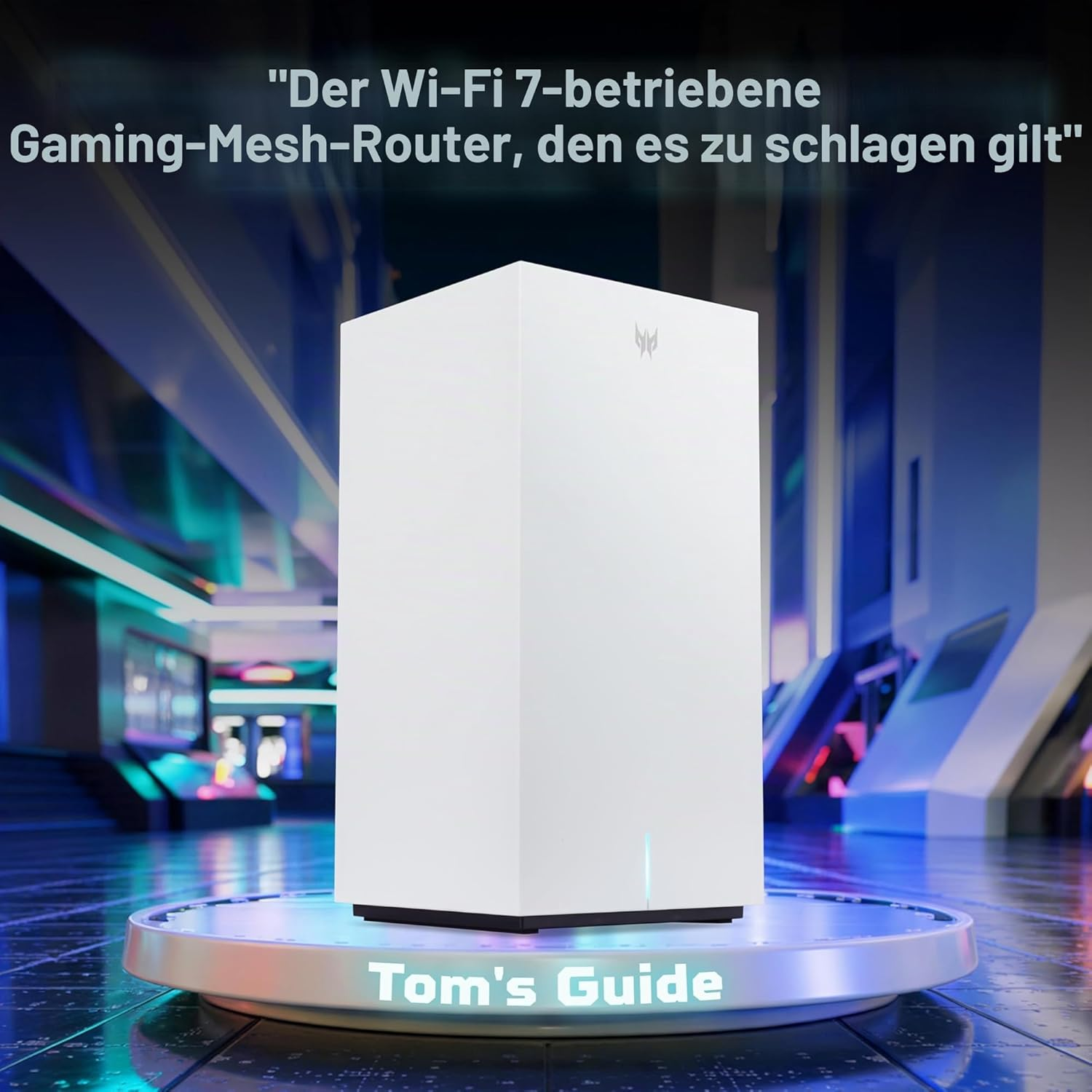 Un enrutador de malla para juegos blanco en una plataforma brillante en una sala futurista con luz azul.