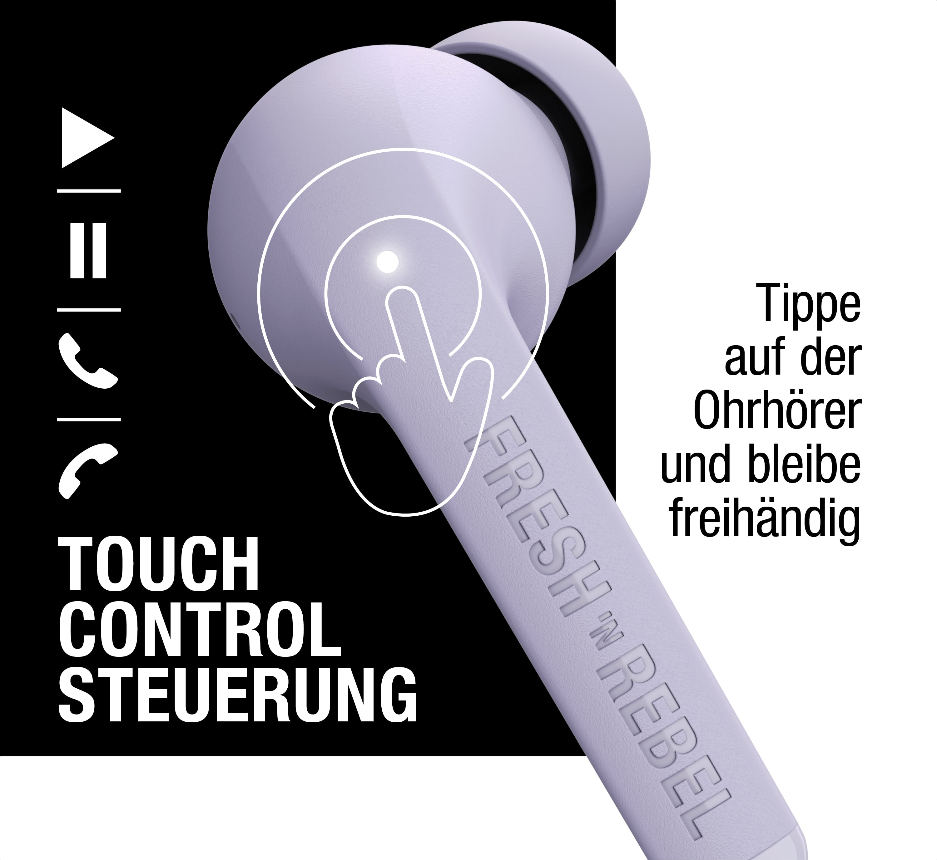 Un auricolare viola mostra il controllo touch con icona dito e testo in tedesco su sfondo nero e bianco.