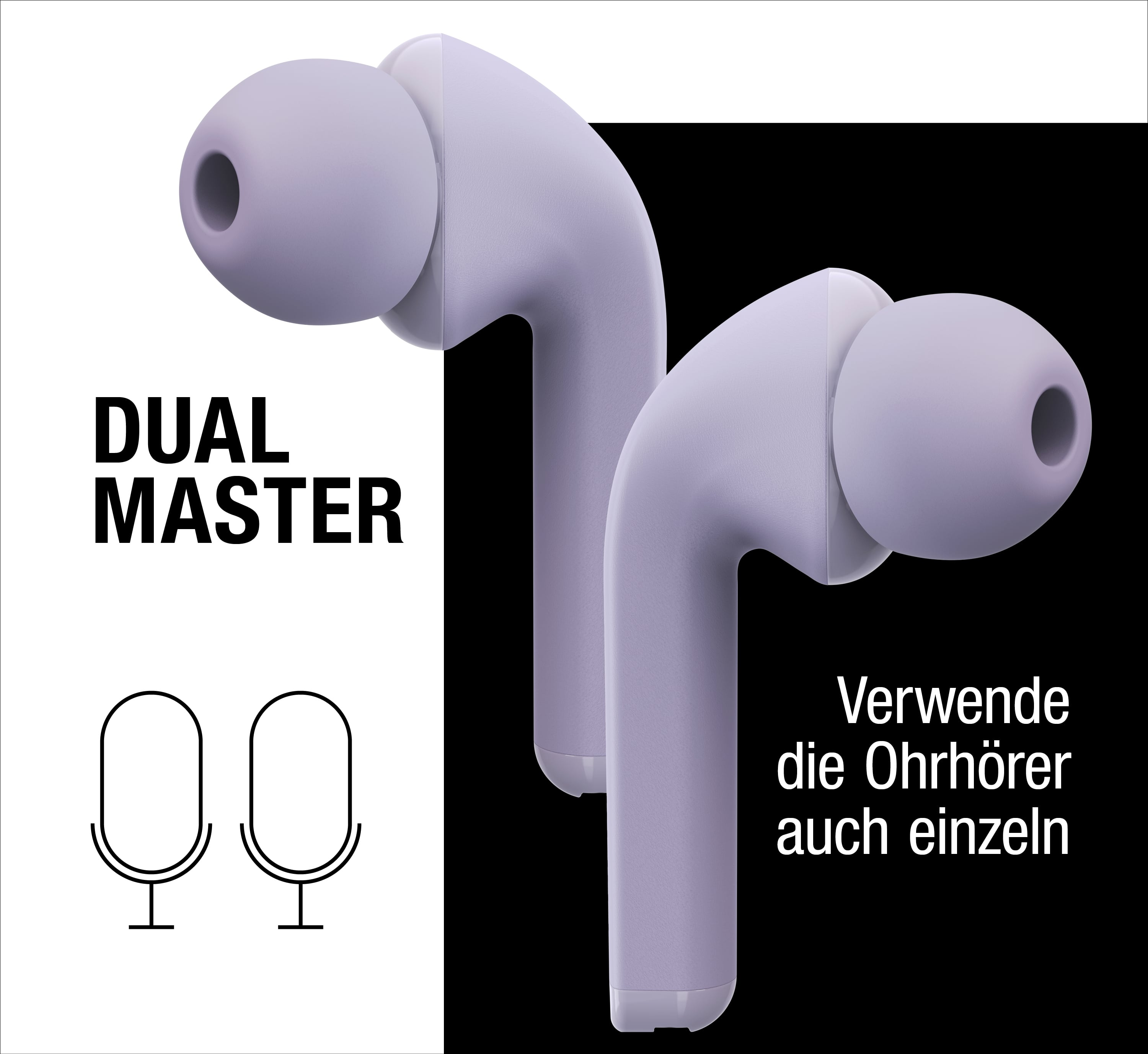 Due cuffie in-ear viola su sfondo bianco e nero con la scritta Dual Master.