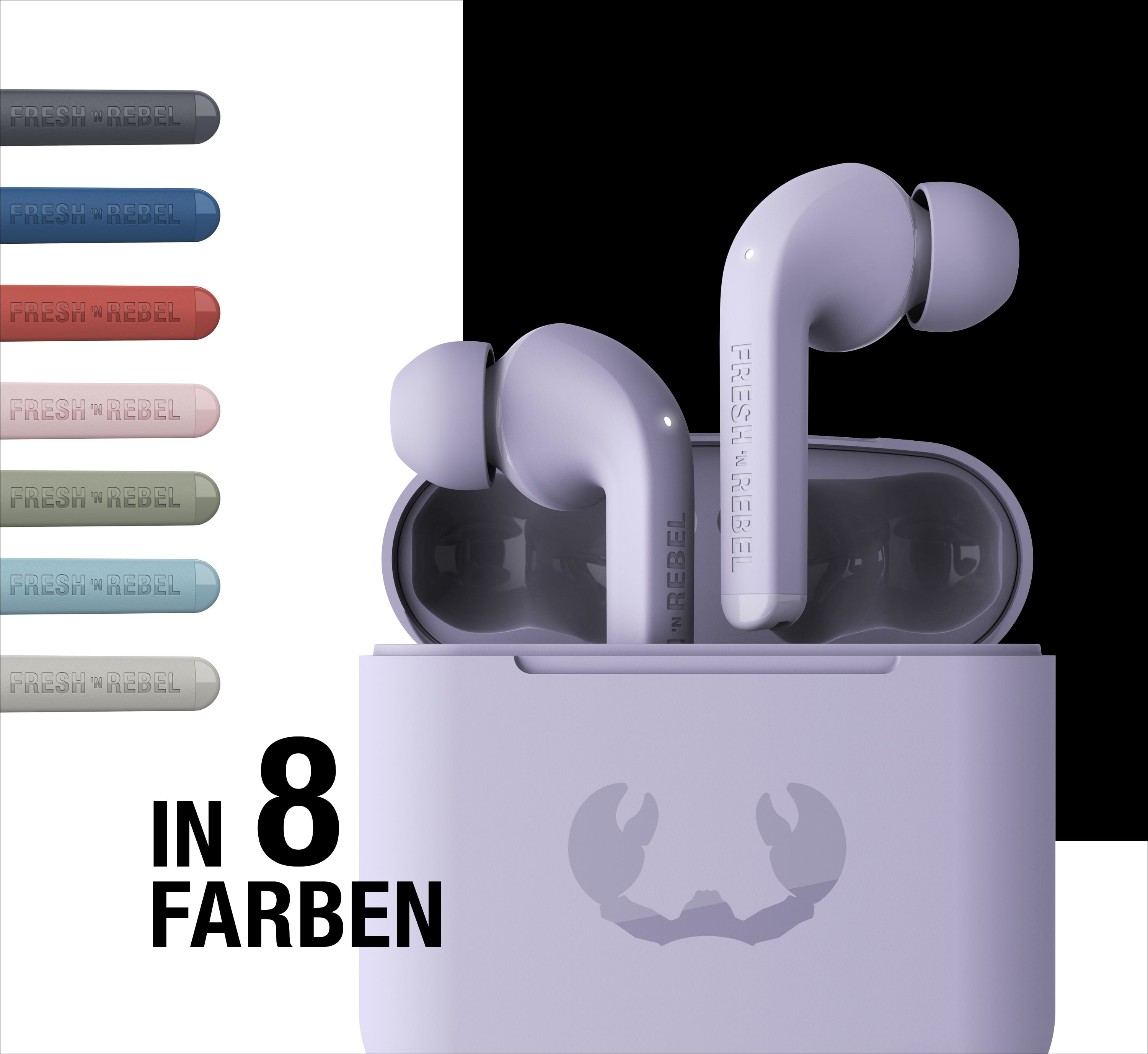 Auricolari wireless viola in una custodia di ricarica, con otto campioni di colore a sinistra.