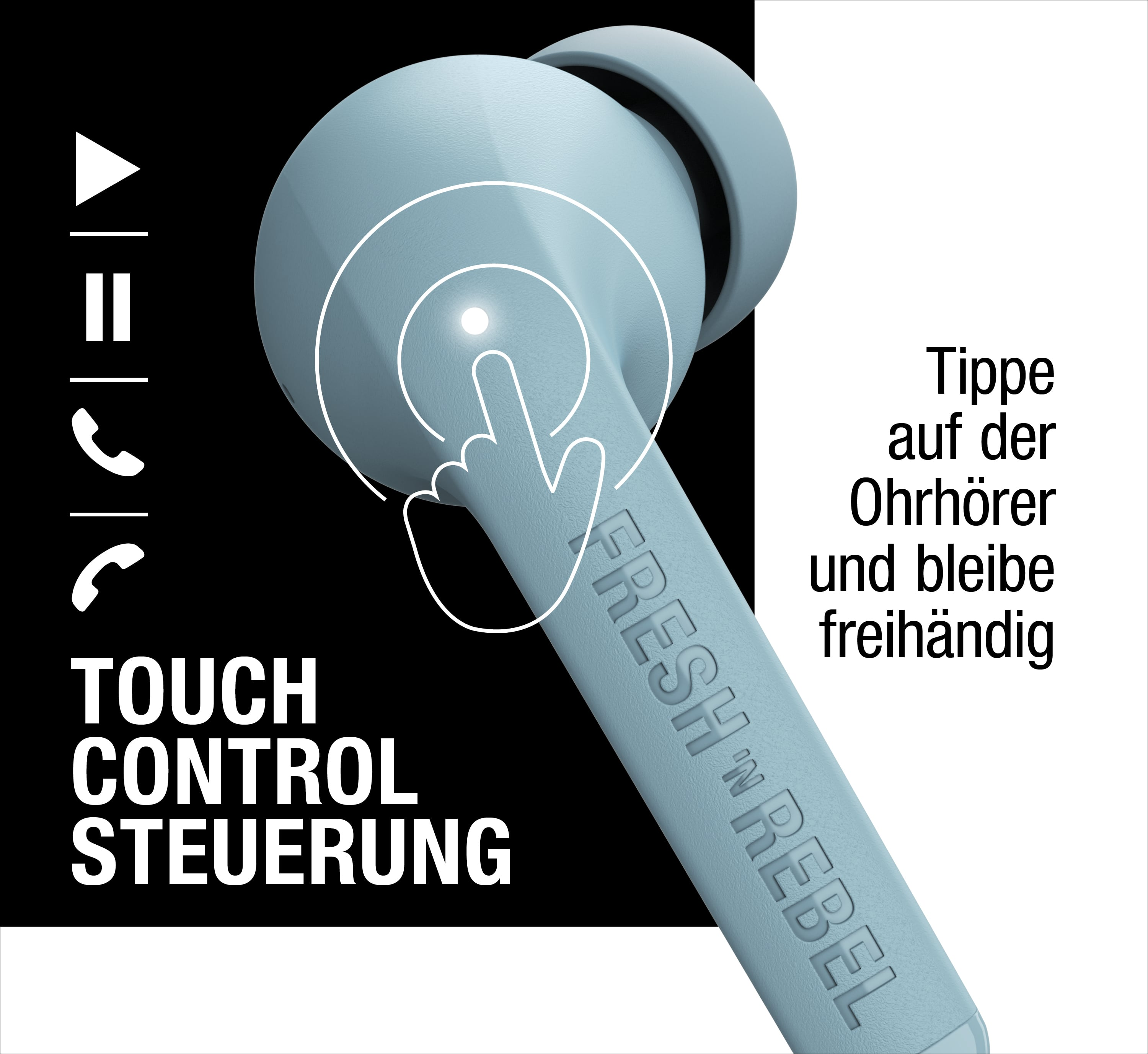 Un auricolare blu con controllo touch, testo e icone su sfondo bianco e nero.