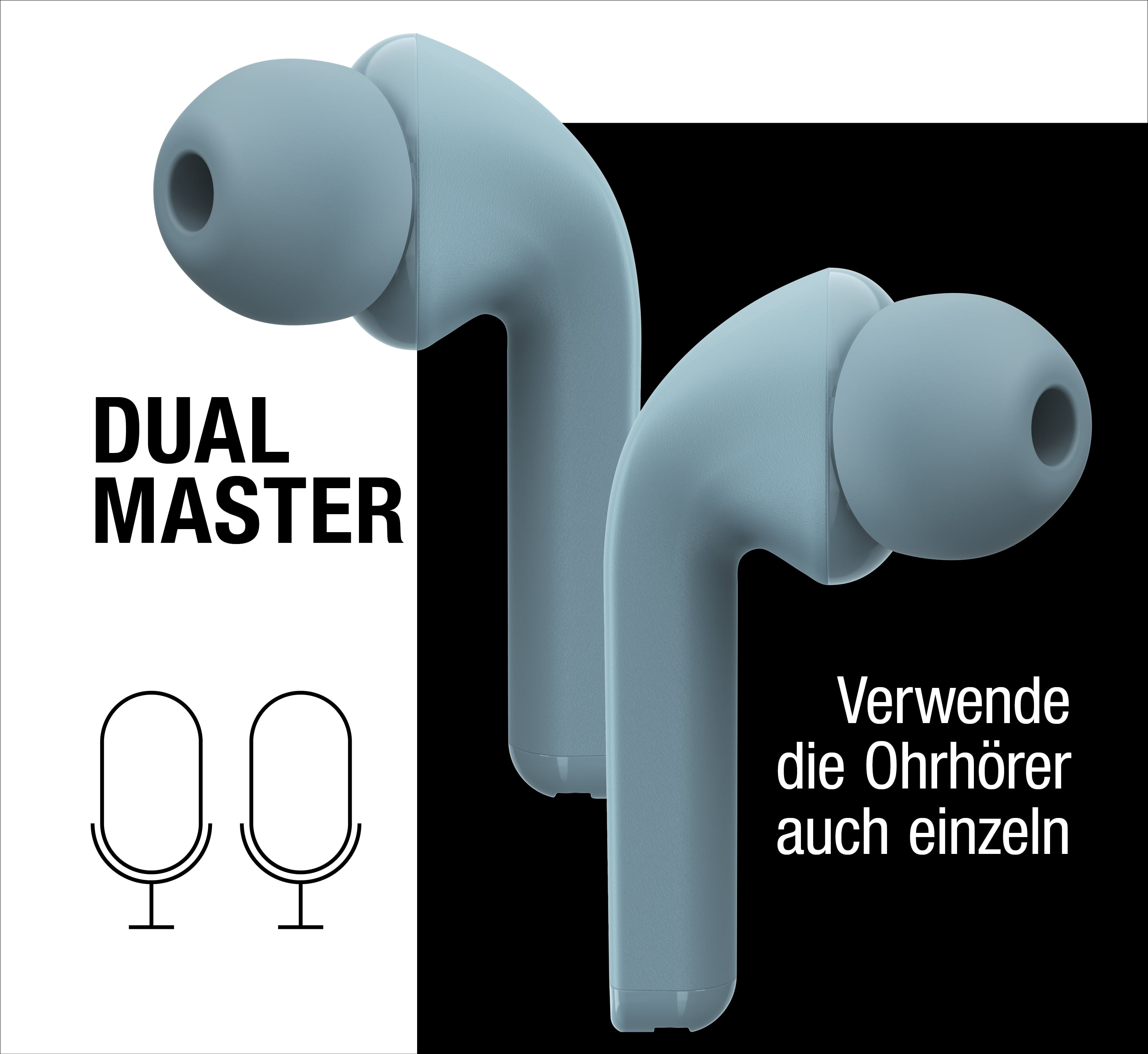Due cuffie in-ear blu su sfondo bianco e nero con testo e icone.