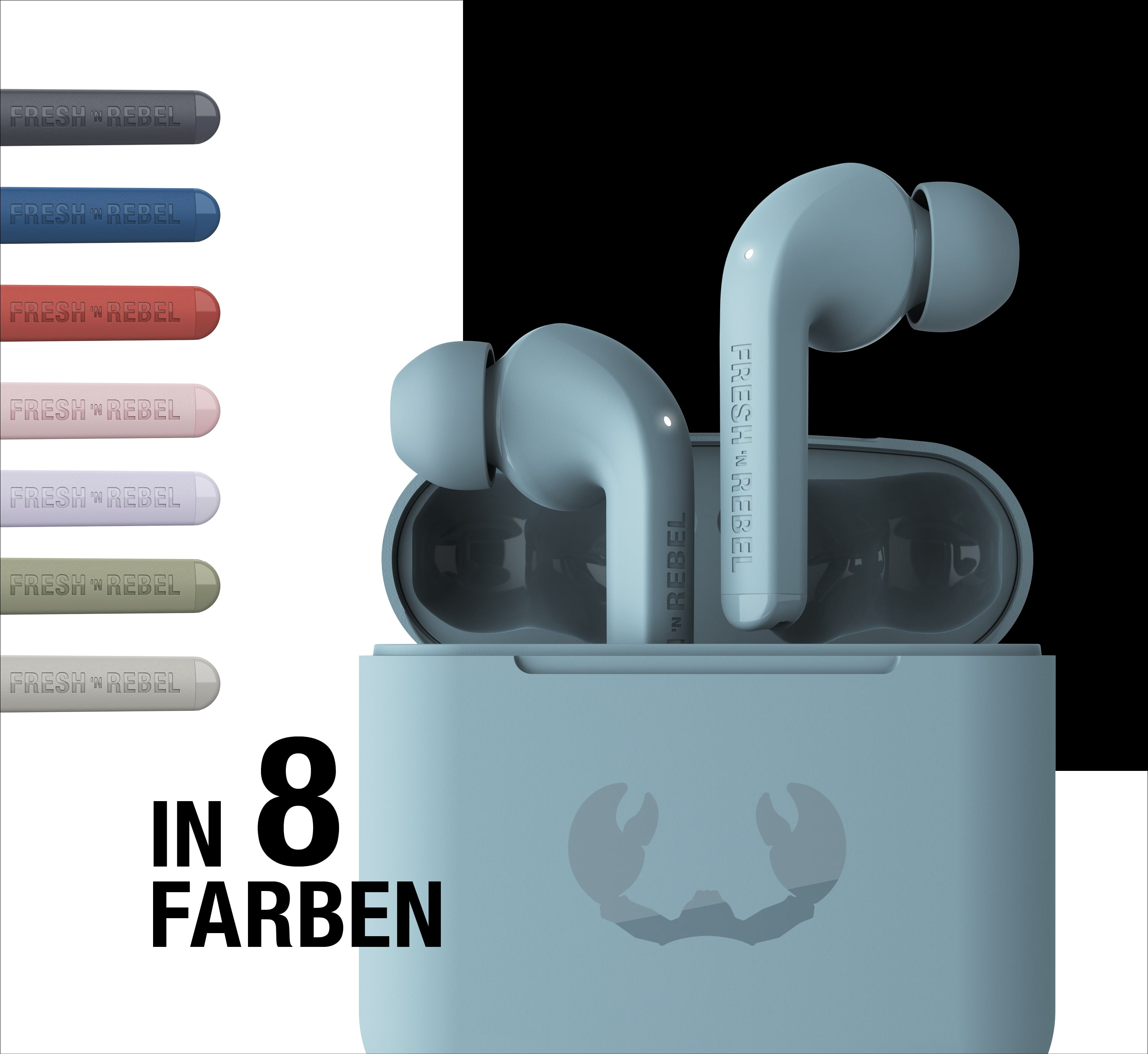 Auricolari wireless azzurri in custodia, con opzioni di colore a sinistra e testo tedesco.