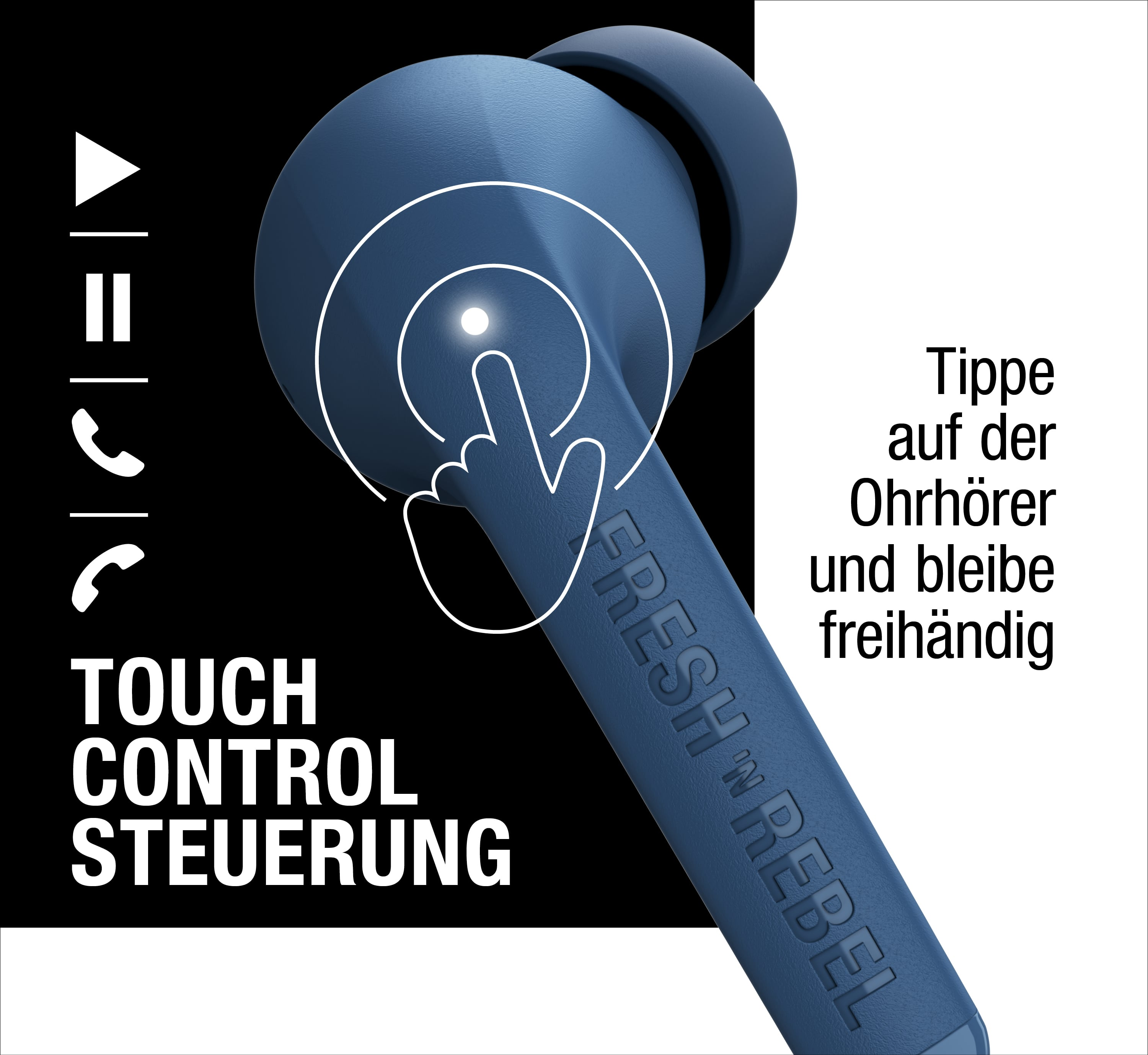Ein blauer Ohrhörer zeigt Touch-Steuerung mit einem grafischen Finger und Text.