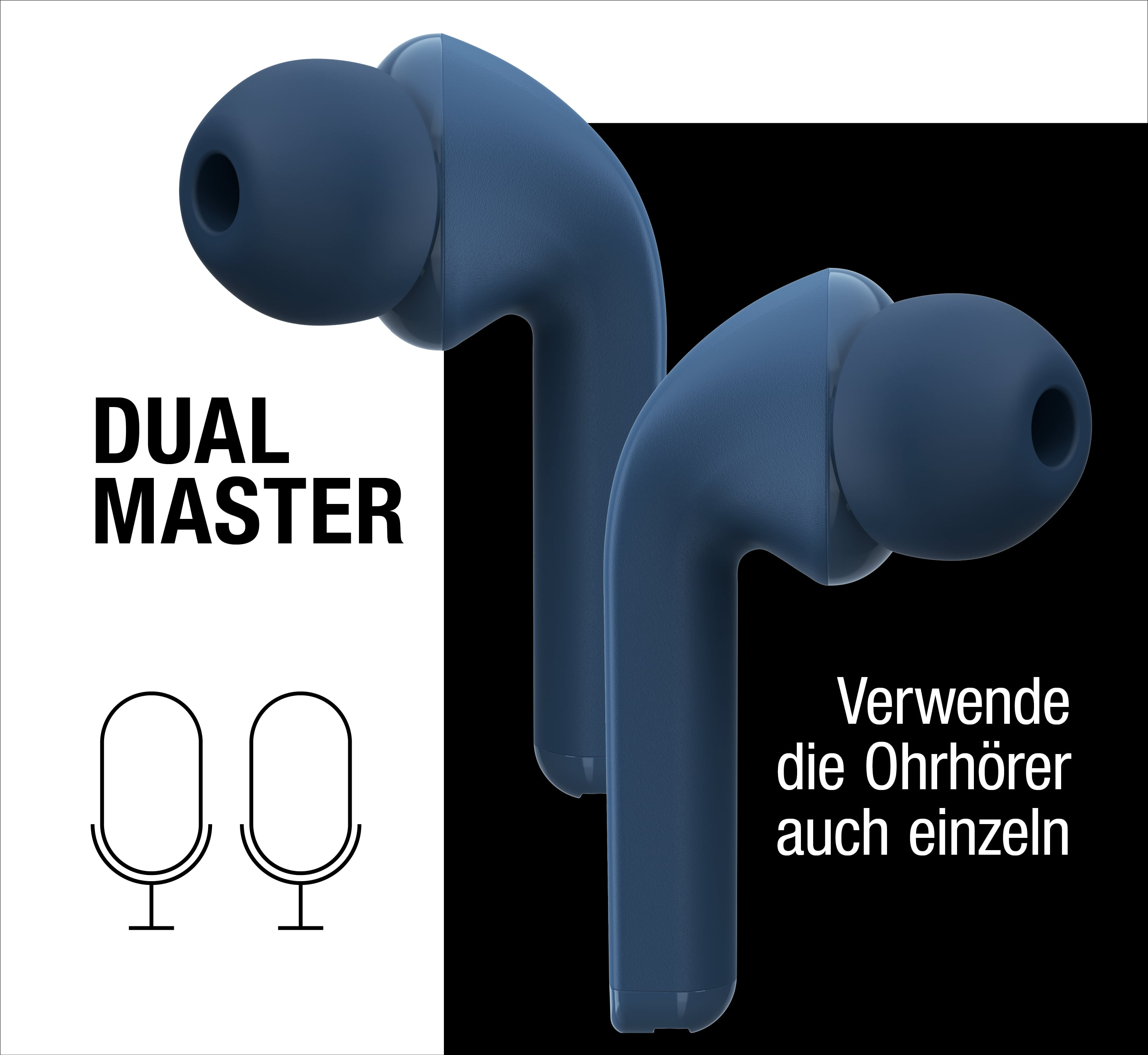 Zwei blaue In-Ear-Kopfhörer vor schwarz-weißem Hintergrund mit Text.