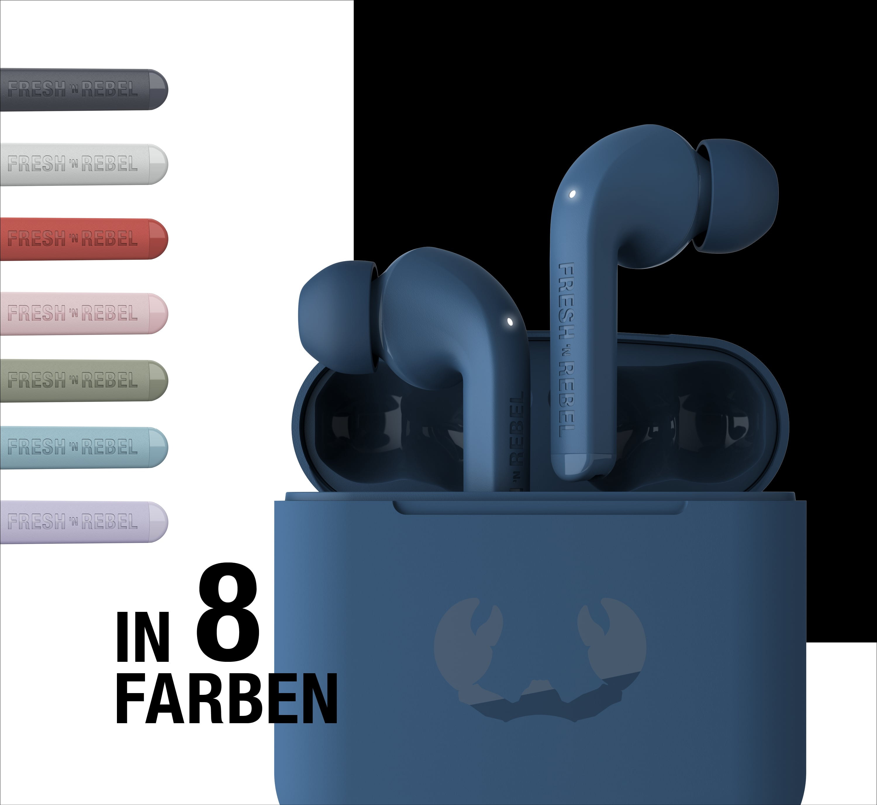 Blaue kabellose Ohrhörer im Ladecase mit Markenlogo, links Farbauswahl und Text In 8 Farben.