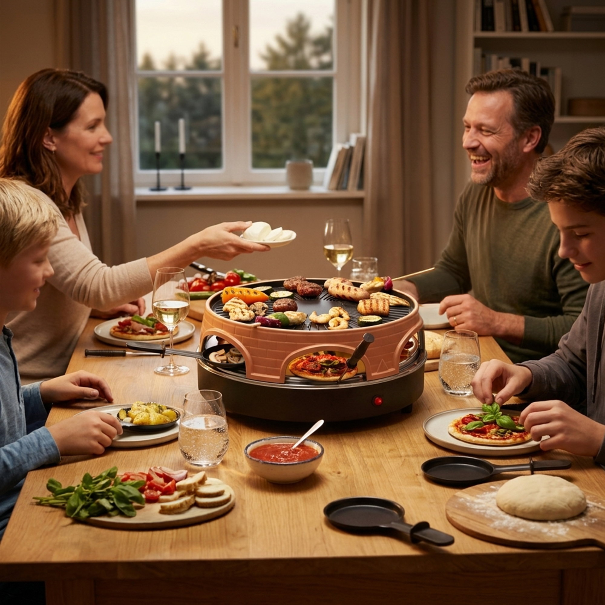 Una famiglia felice siede insieme a tavola, preparando pizza e cibo alla griglia.