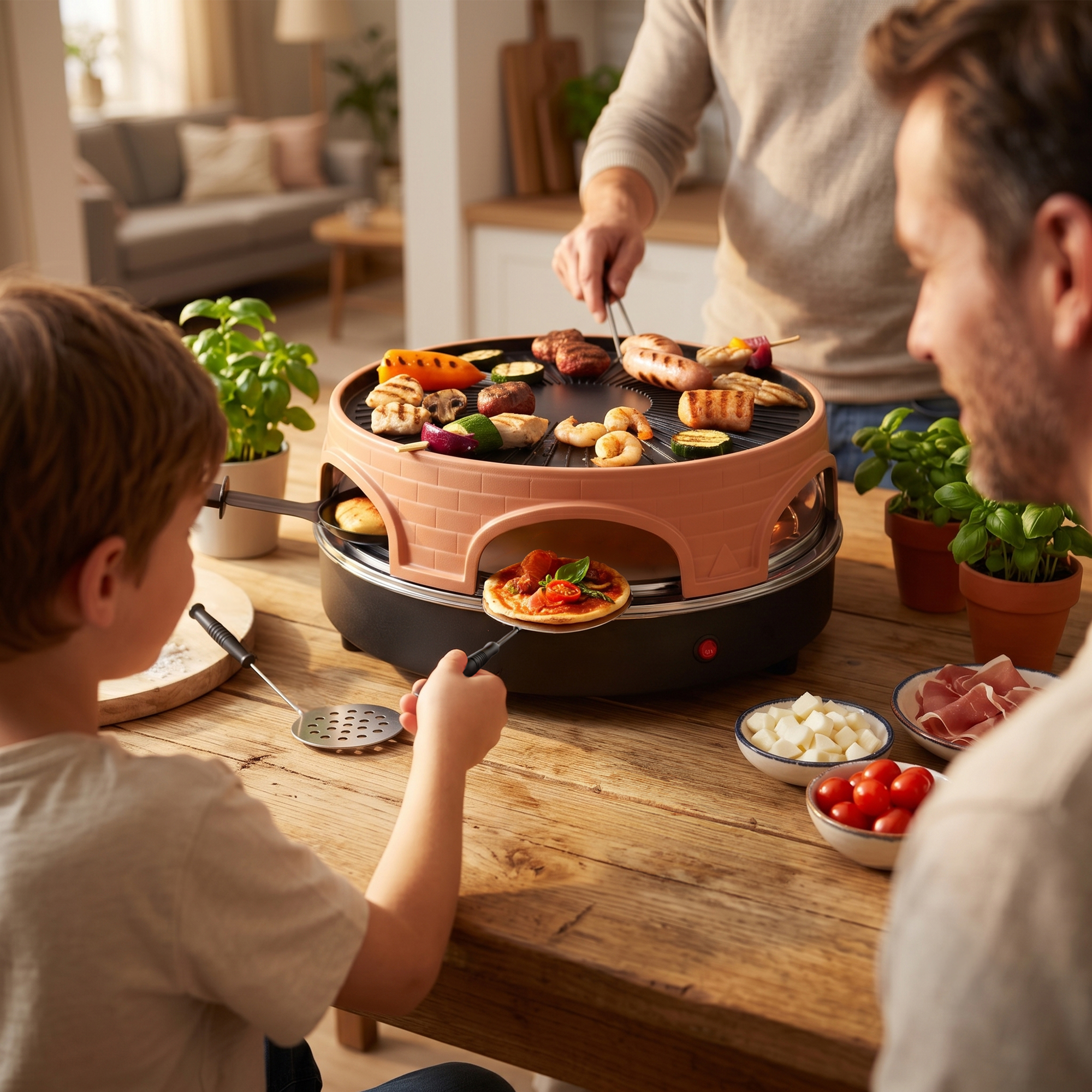 Famiglia cucina insieme pizza e cibo alla griglia su un tavolo di legno.