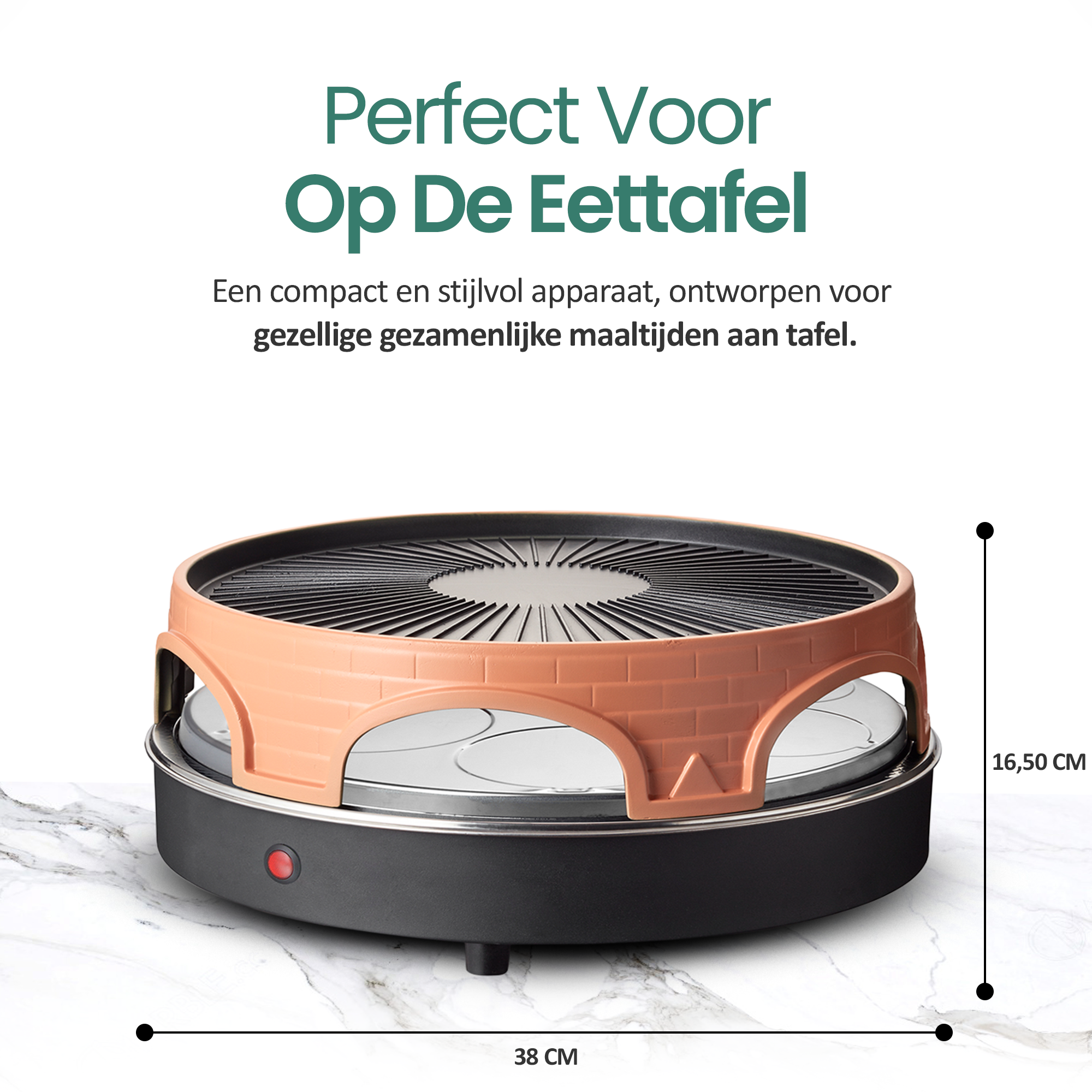 Gril de table rond et compact avec cadre orange et base noire sur marbre, mesurant 38x16,5 cm.