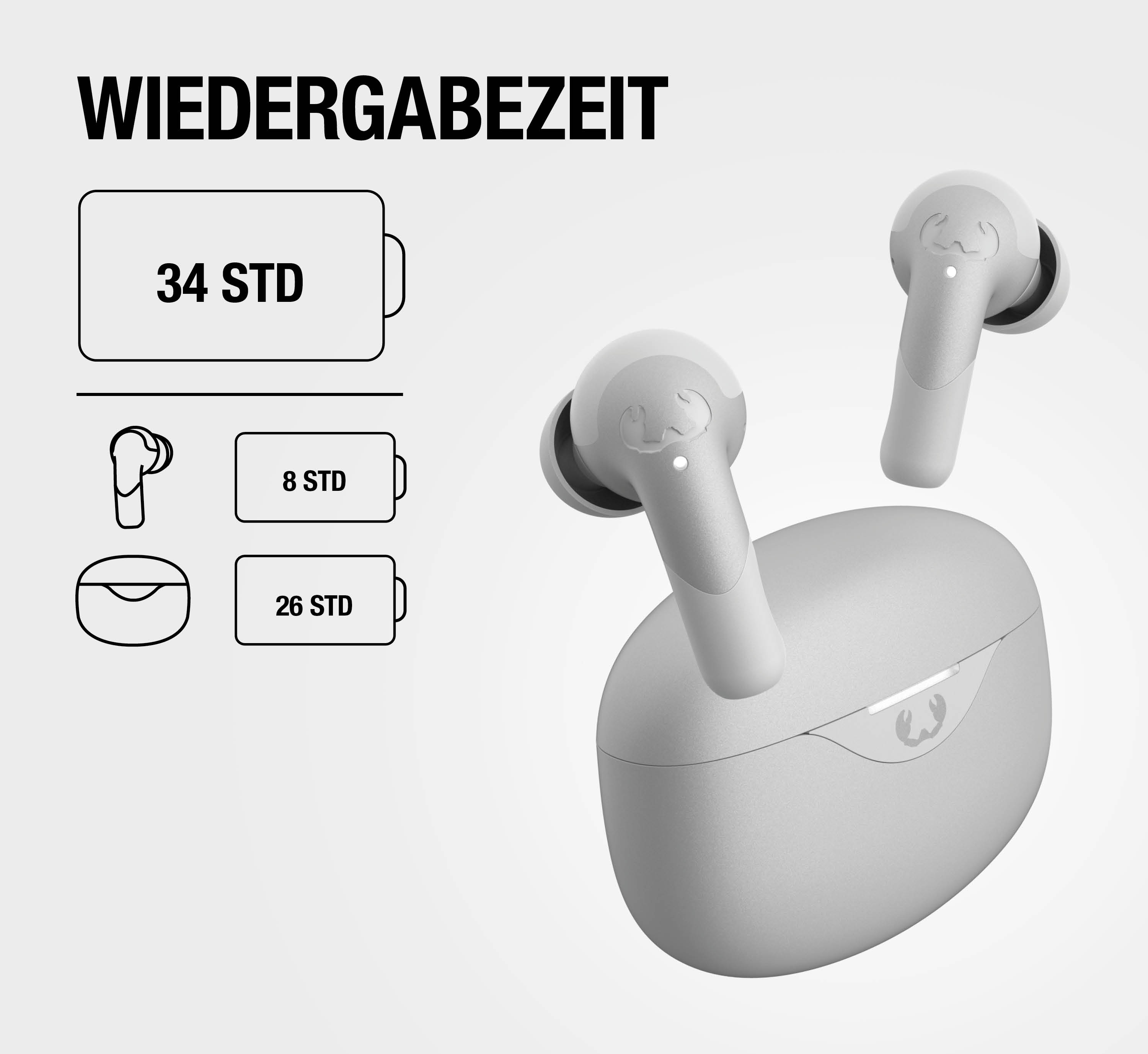 Auriculares inalámbricos grises con estuche y texto de 34 horas de reproducción.