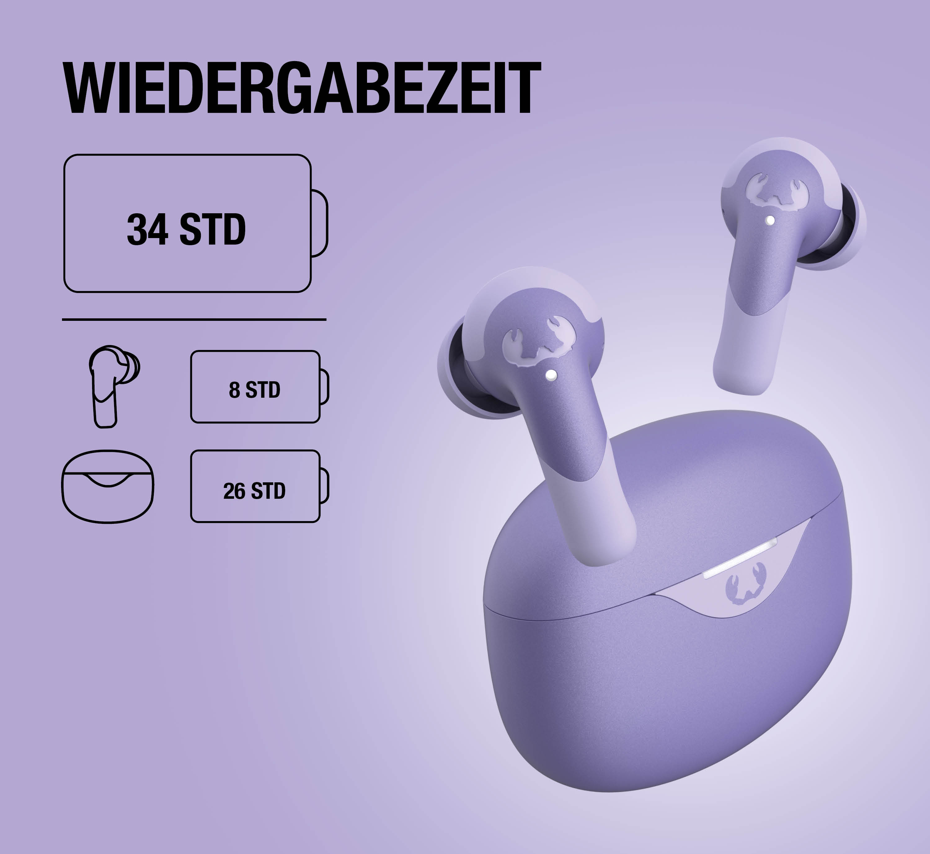 Auriculares y estuche morados sobre fondo morado con texto e iconos que muestran 34 horas de batería.
