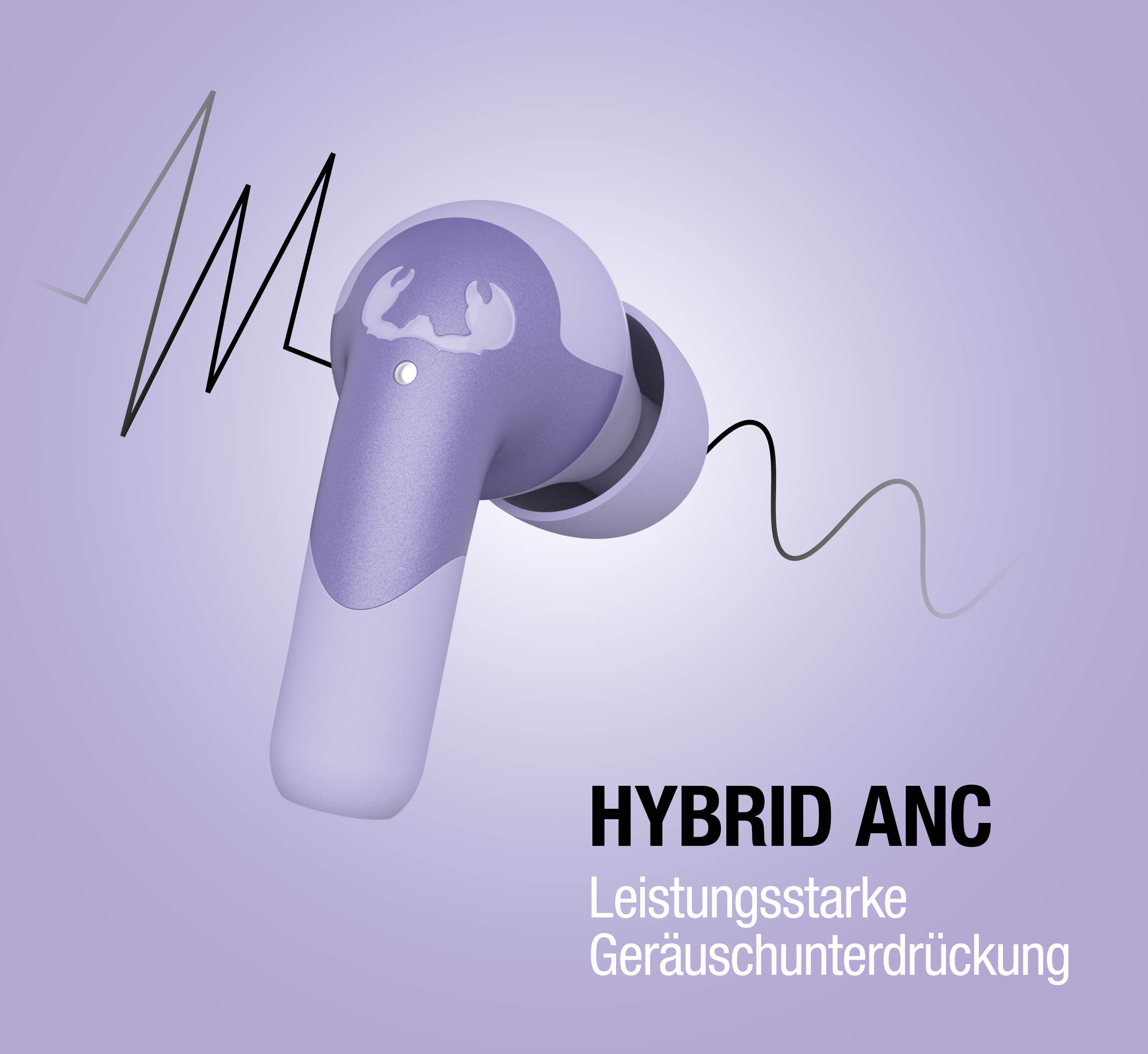 Un auricular inalambrico morado sobre fondo morado con lineas de ondas negras y el texto HYBRID ANC.
