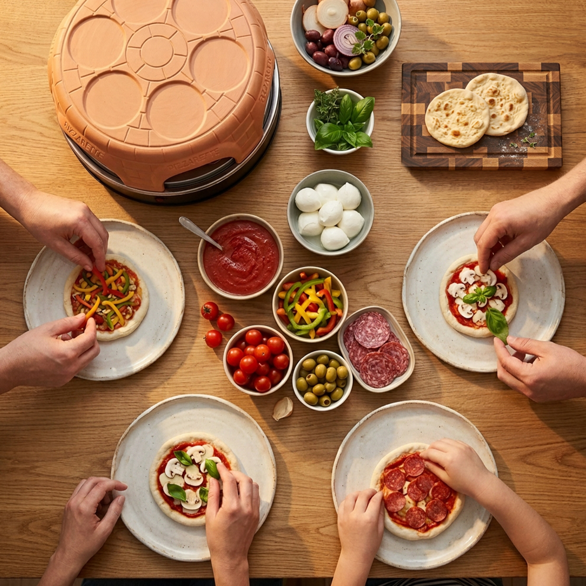 Personas sentadas alrededor de una mesa de madera haciendo minipizzas con varios ingredientes.