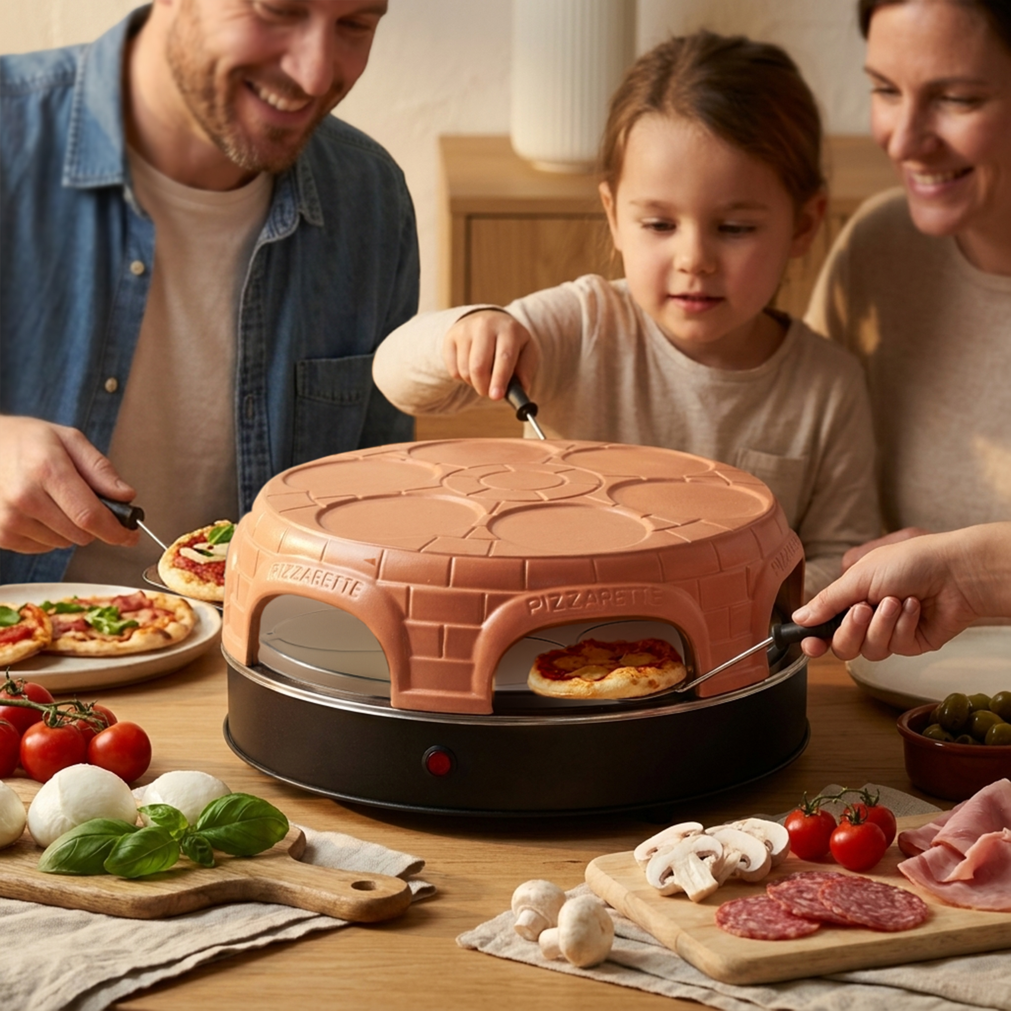 Una familia hornea mini pizzas junta en un horno de mesa, rodeada de ingredientes como tomates, champiñones y queso.