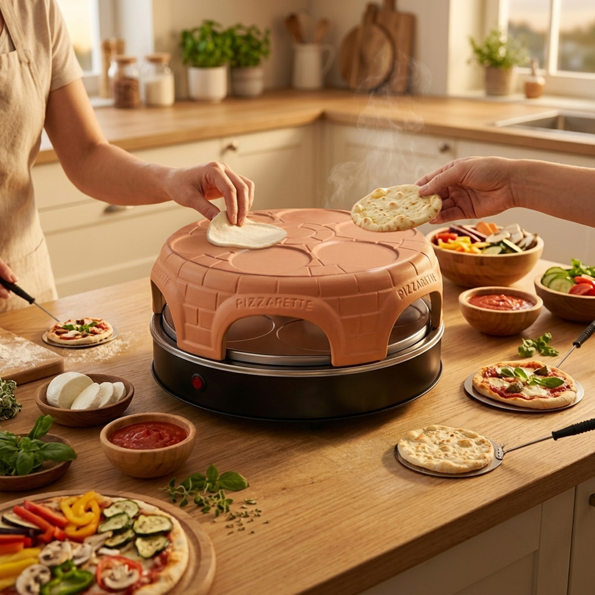Personas usando un horno pizzarette de terracota en una encimera de cocina con ingredientes y masa.