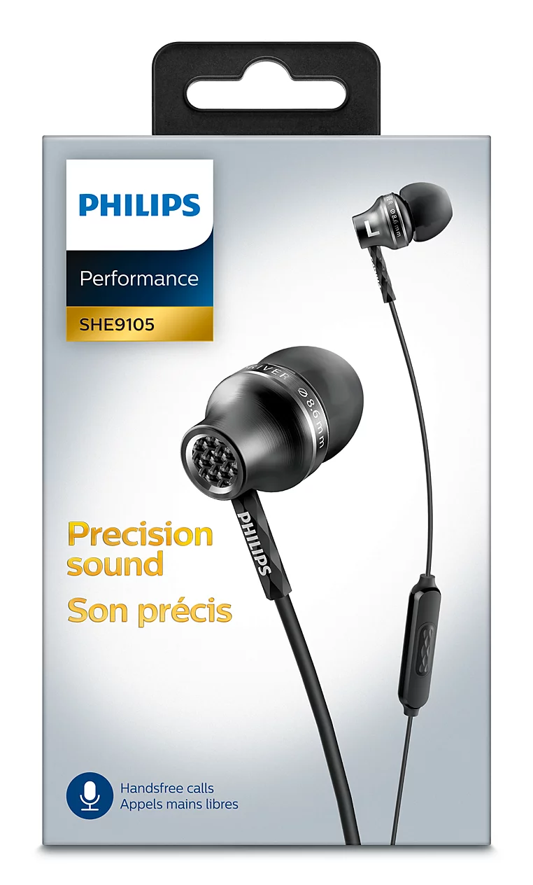 Gri ve mavi ambalajı içinde Philips SHE9105 kulak içi kulaklık.