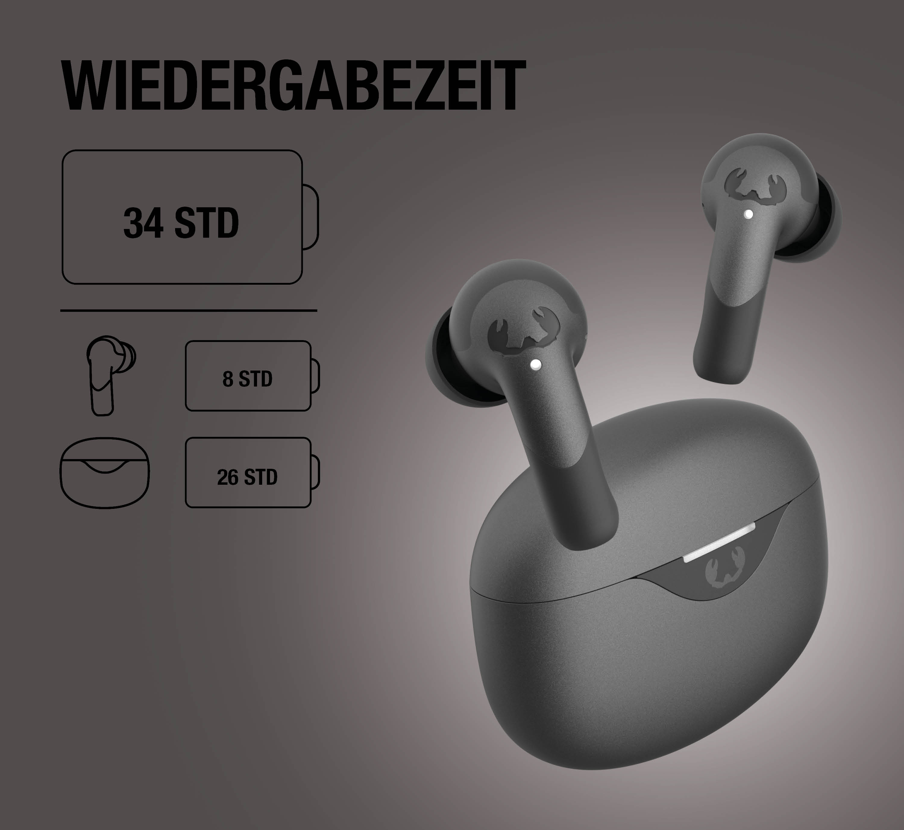 Auriculares inalámbricos gris oscuro y estuche de carga con iconos de batería que muestran 34 horas de reproducción.