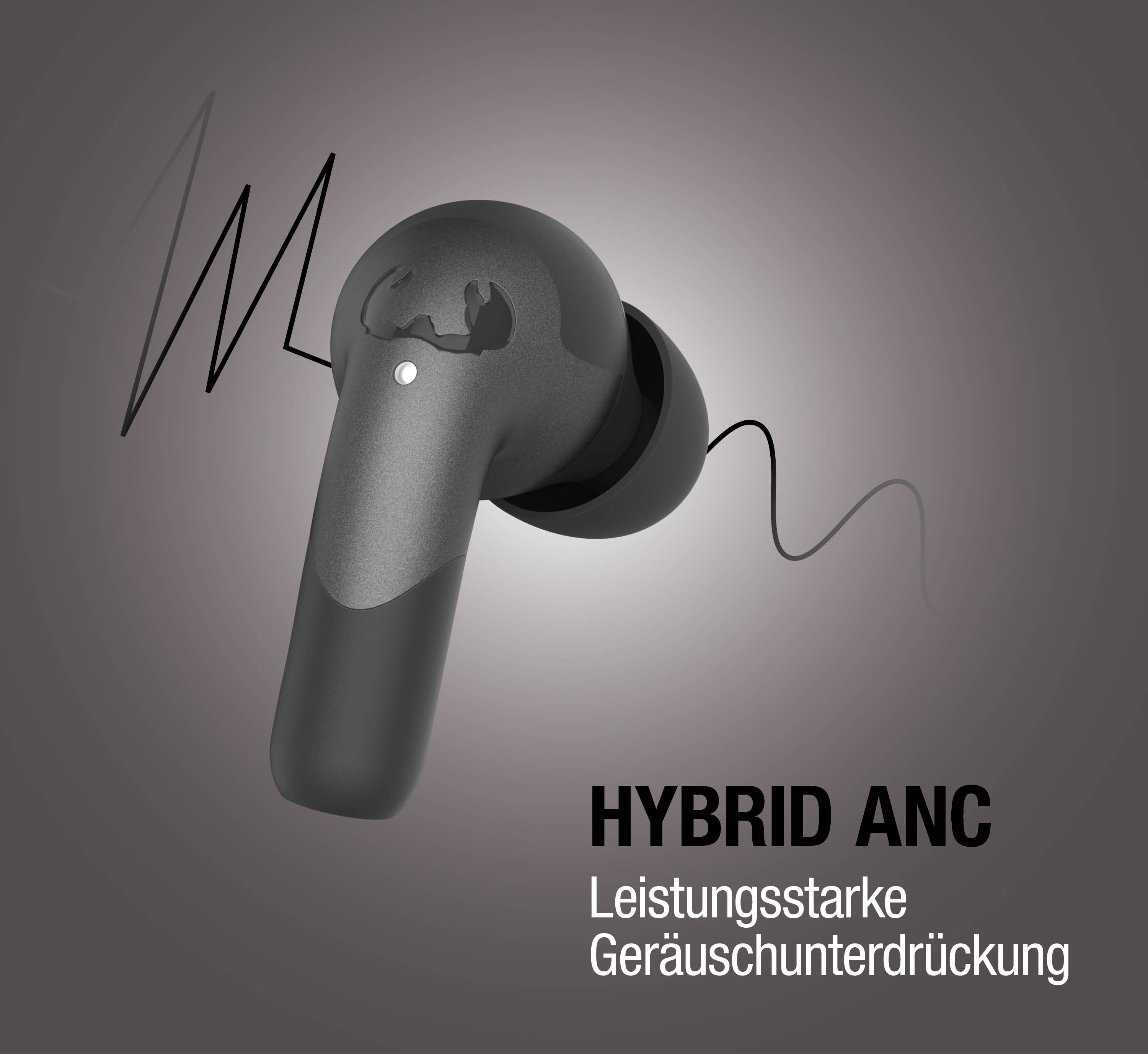 Auricular inalámbrico gris oscuro con logotipo, luz de estado y gráficos de ondas sonoras.