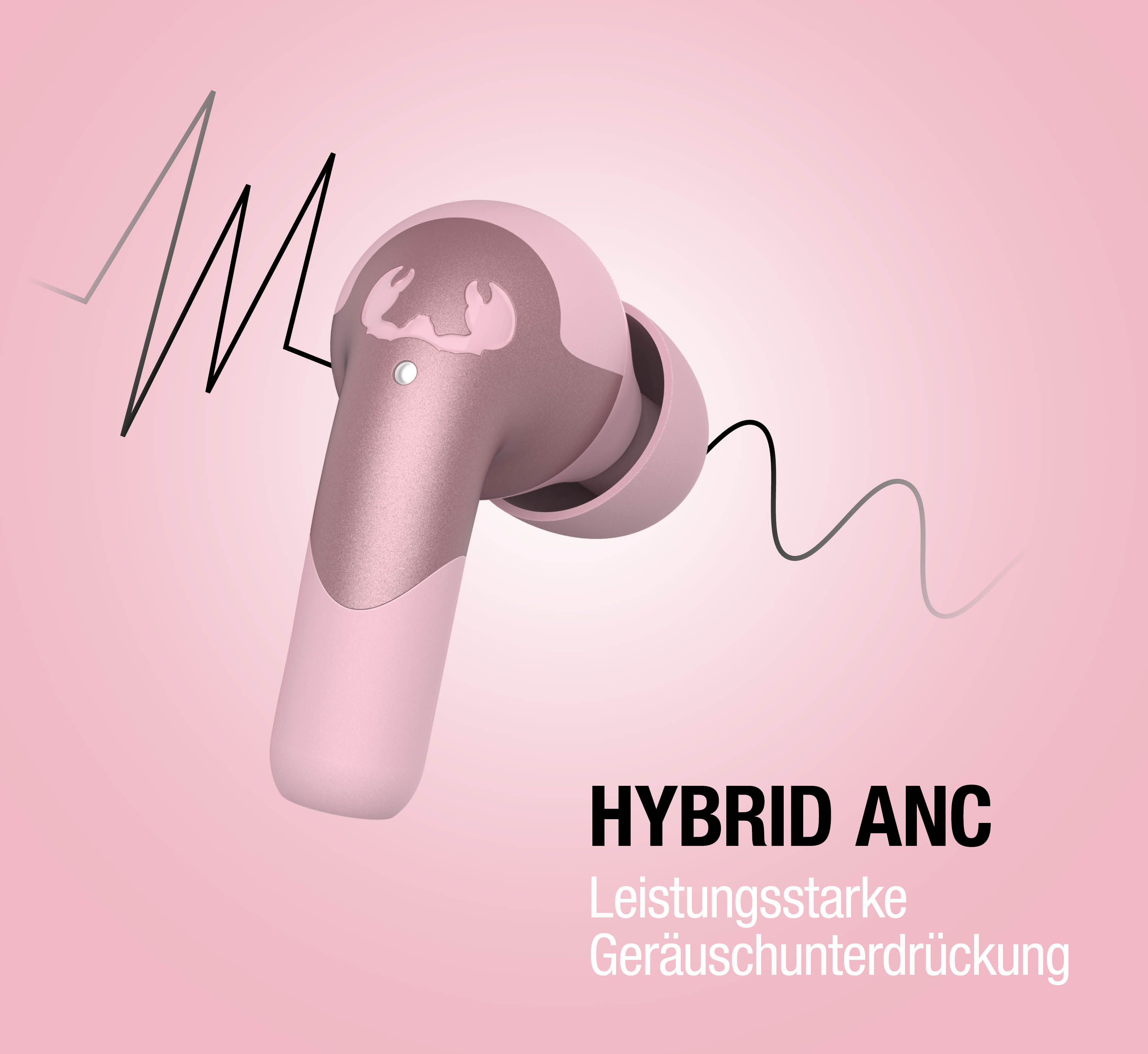 Auricular inalambrico rosa sobre fondo rosa con linea de onda y texto 'Hybrid ANC'.