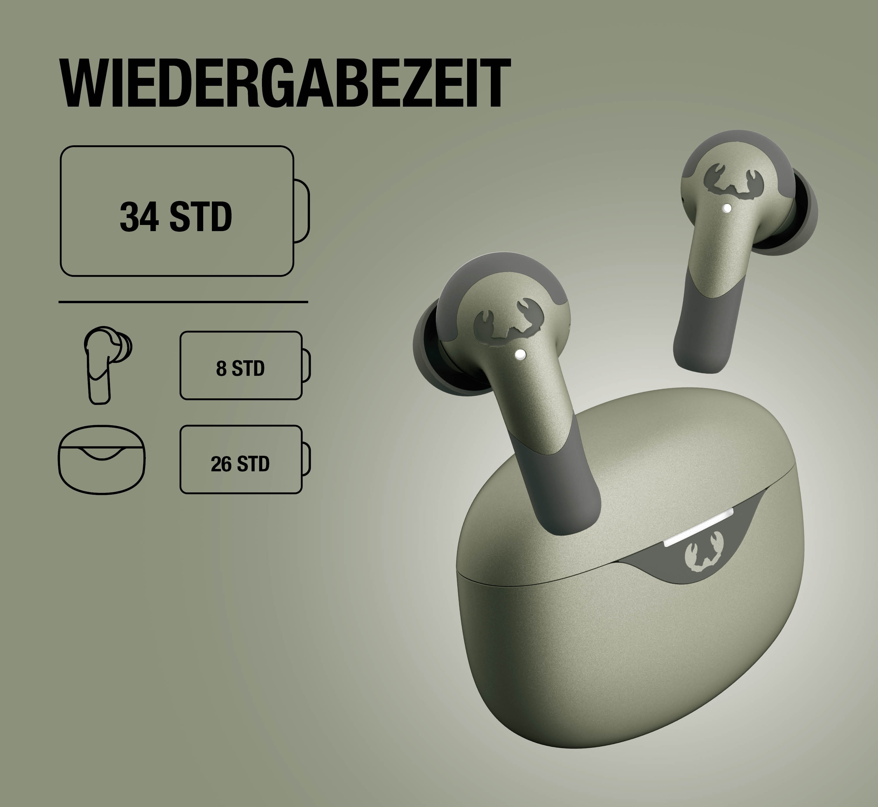Auriculares verdes con estuche y texto de 34 horas de reproducción.