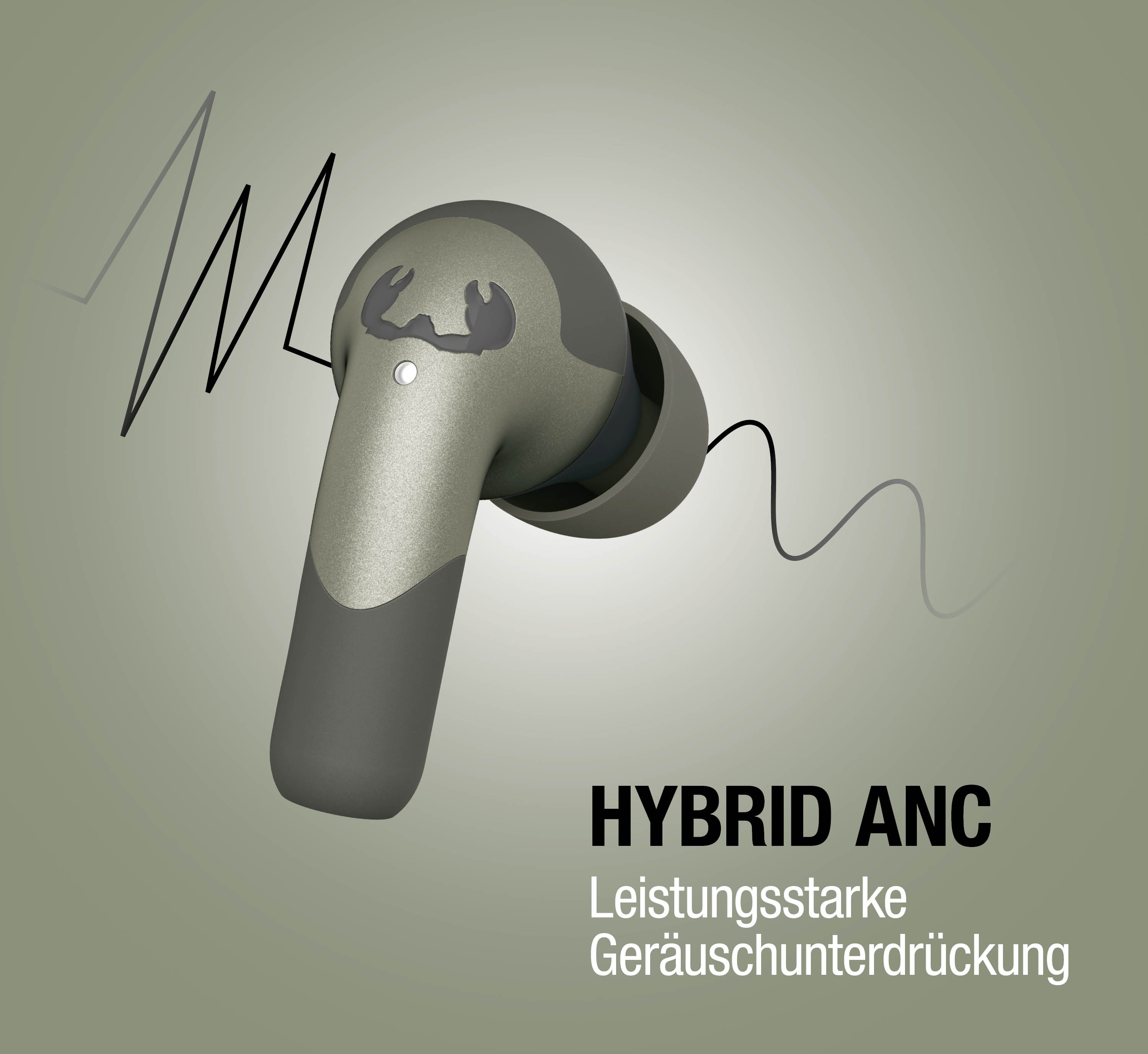 Un auricular intrauditivo gris sobre fondo verde con una onda de sonido y texto HYBRID ANC.