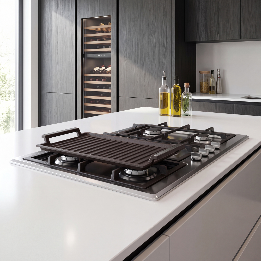 Una isla de cocina moderna con estufa de gas y plancha integradas, frente a gabinetes de madera oscura y una vinoteca.